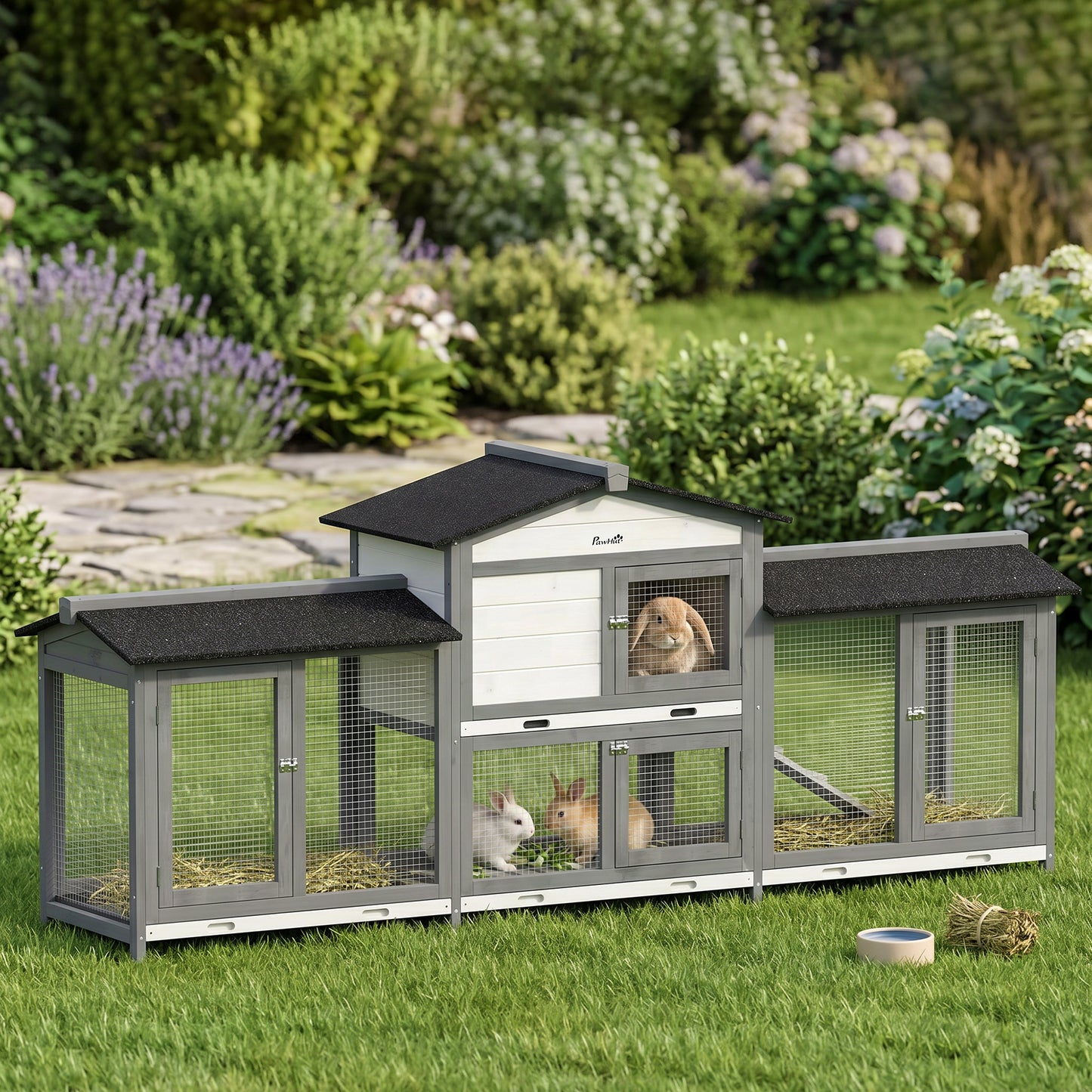 PawHut 2-Tier Large Rabbit Hutch Outdoor with Double Side Run Boxes, No-leak Plastic Tray, Ramp, 230 x 53 x 93.5cm, Light Grey