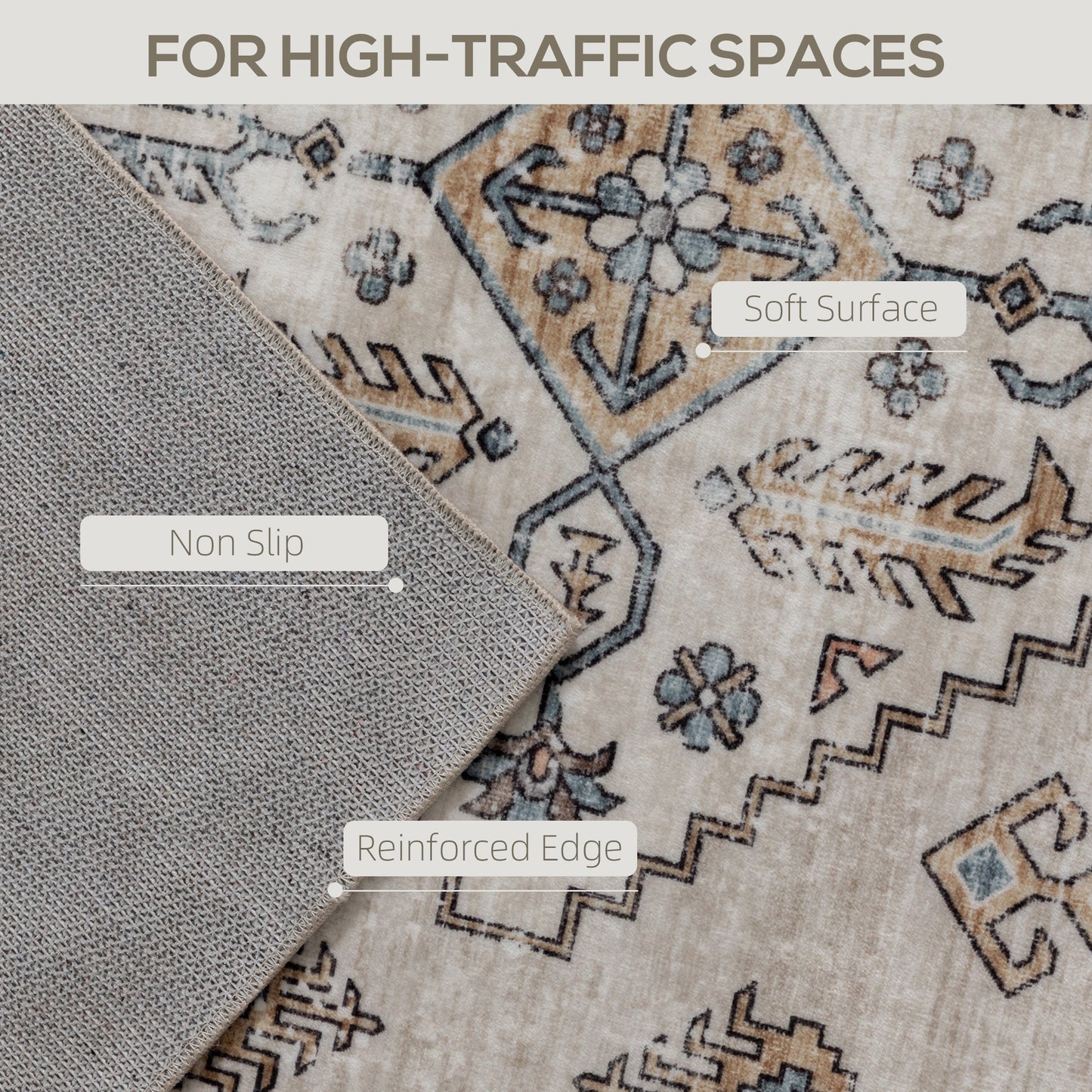 HOMCOM Vintage Area Rug, Non-Slip Washable Rug, Flannel Floor Carpet for Living Room, Bedroom, Dining Room, Home Office, 170 x 120 cm, Beige