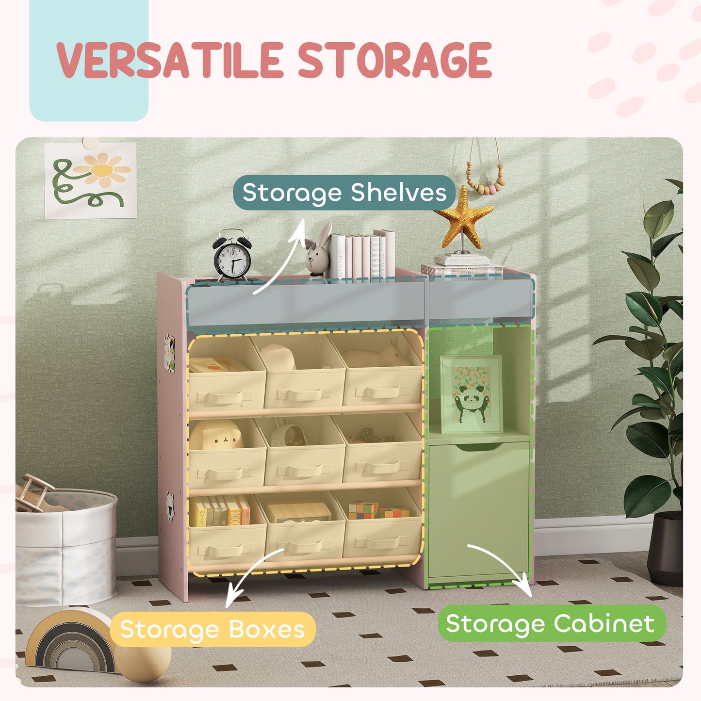 AIYAPLAY Kids Toy Storage, 9 Removable Fabric Bins, Wooden Toy Storage Units for Toys and Books for Bedroom, Nursery, Pink