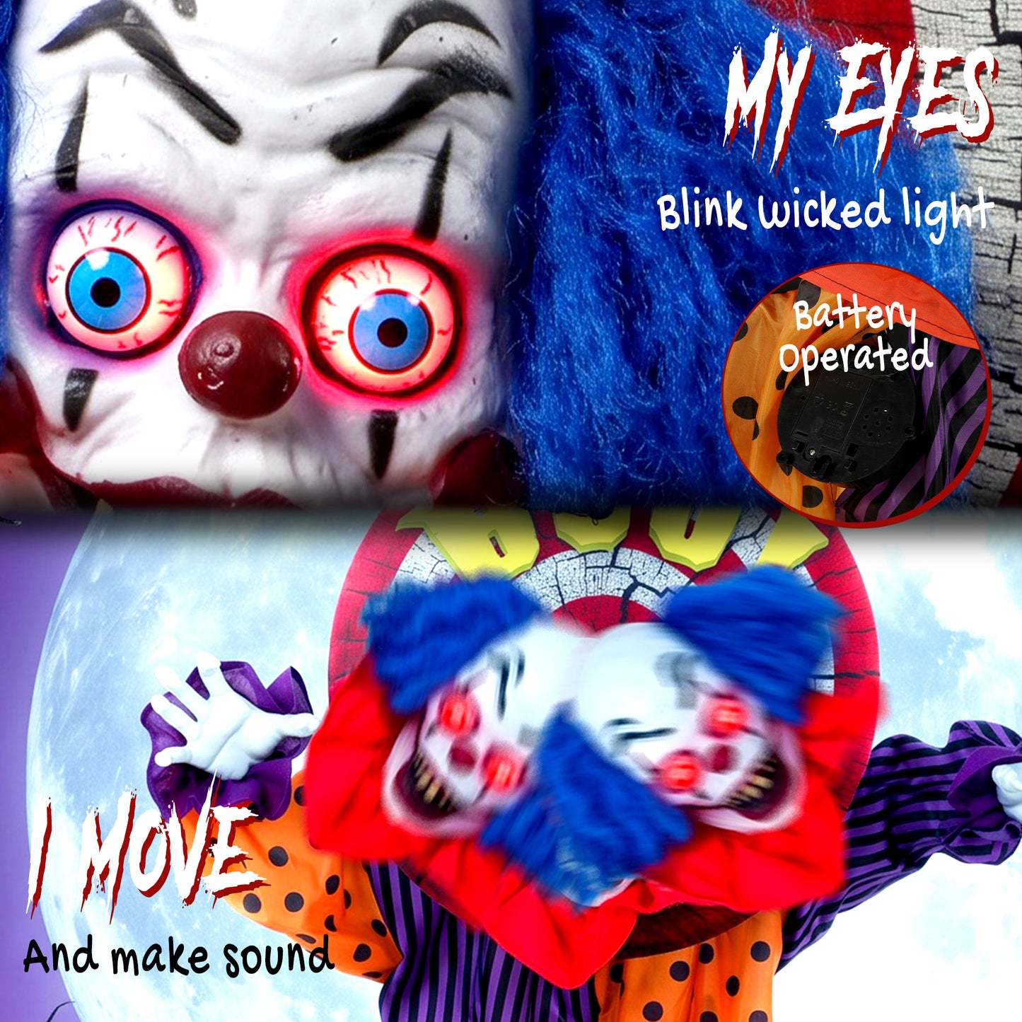 HOMCOM 167 cm Life Size Animated Clown Halloween Decoration, Scary Halloween Animatronics Decor with Sound Touch Activated