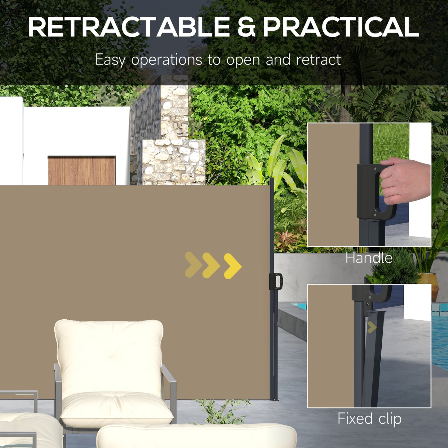 Outsunny Retractable Side Awning, Outdoor Privacy Screen for Garden, Hot Tub, Balcony, Terrace, Pool, 400 x 180cm, Khaki