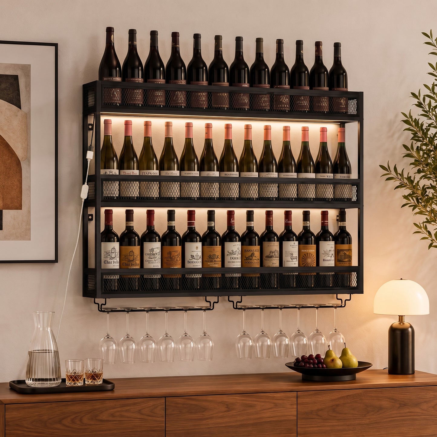 HOMCOM Wall-Mounted Wine Rack with LED Lights, Glass Holders, Open Shelf, Metal Storage Rack, Black