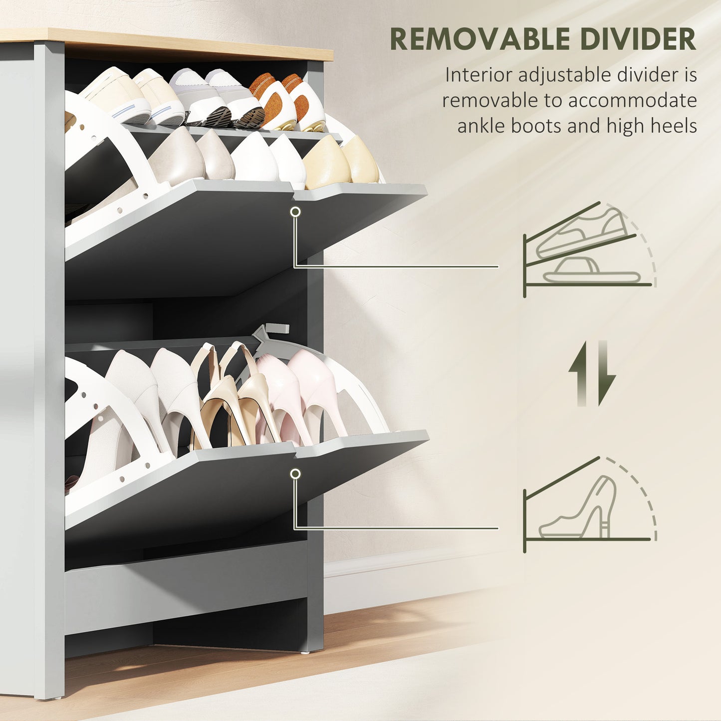 HOMCOM Slim Shoe Cabinet, Narrow Shoe Cupboard with 2 Flip Drawers, Adjustable Shelves for 12 Pairs of Shoes, Light Grey