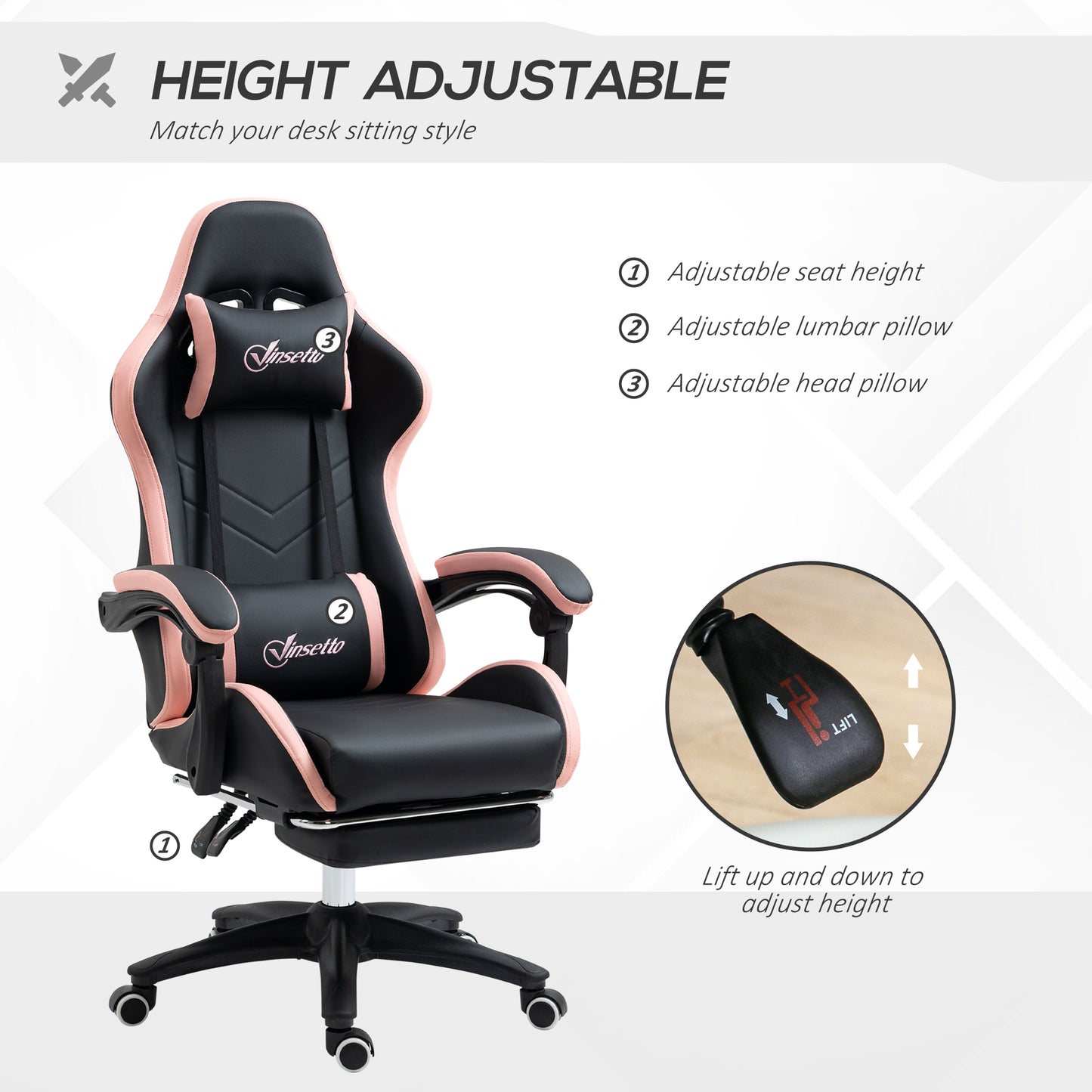 Vinsetto Computer Gaming Chair, PU Leather Office Desk Chair with Footrest, Swivel Wheels, 135° Reclining Back, Lumbar Support, Headrest for Home, Black and Pink
