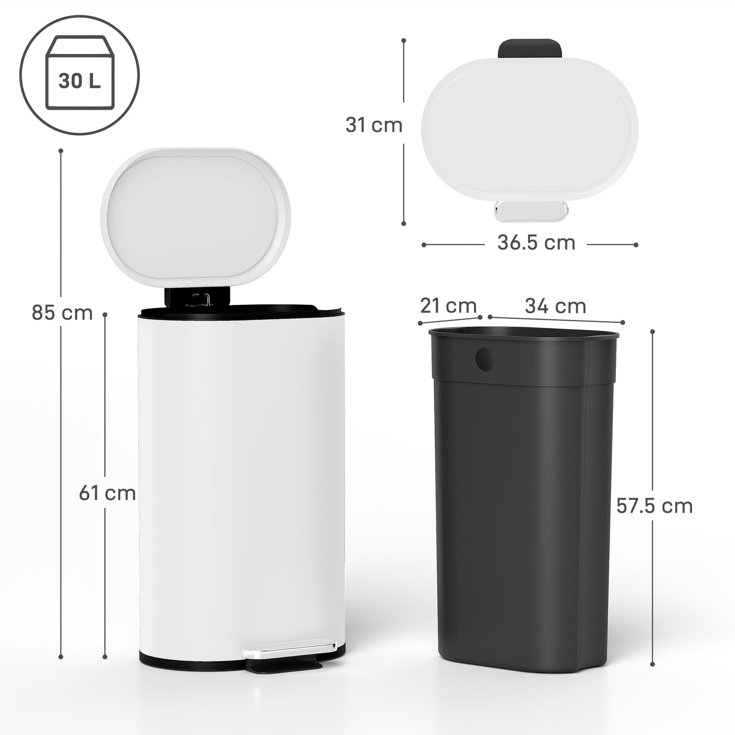 HOMCOM 30 L Modern Curved Kitchen Bin - Cream