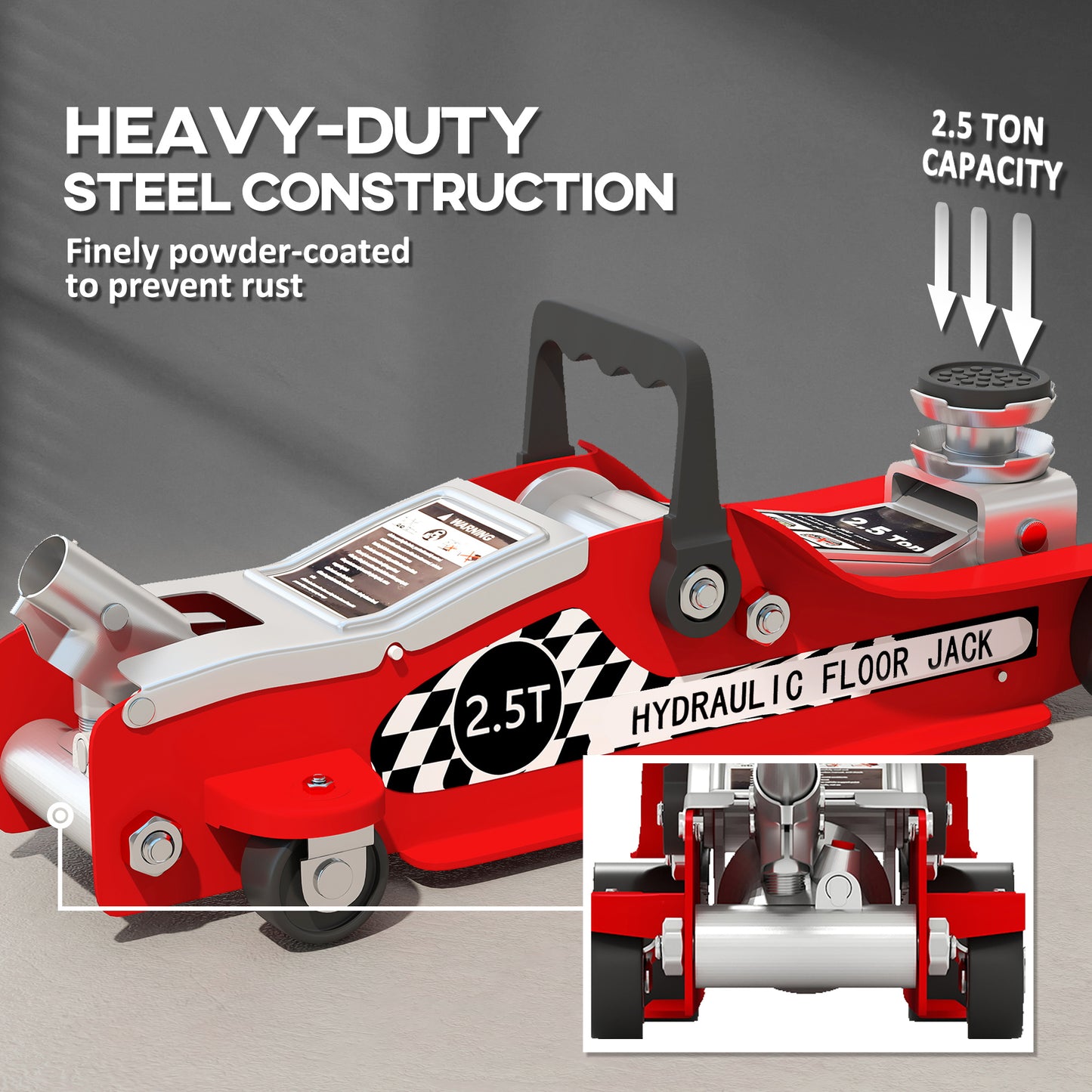 HOMCOM Hydraulic Low Profile Floor Jack, 2.5 Tonne Heavy Duty Steel Trolley Car Jack Lift with 80-360 mm Lifting Range, Wheels, Top Handle, Red