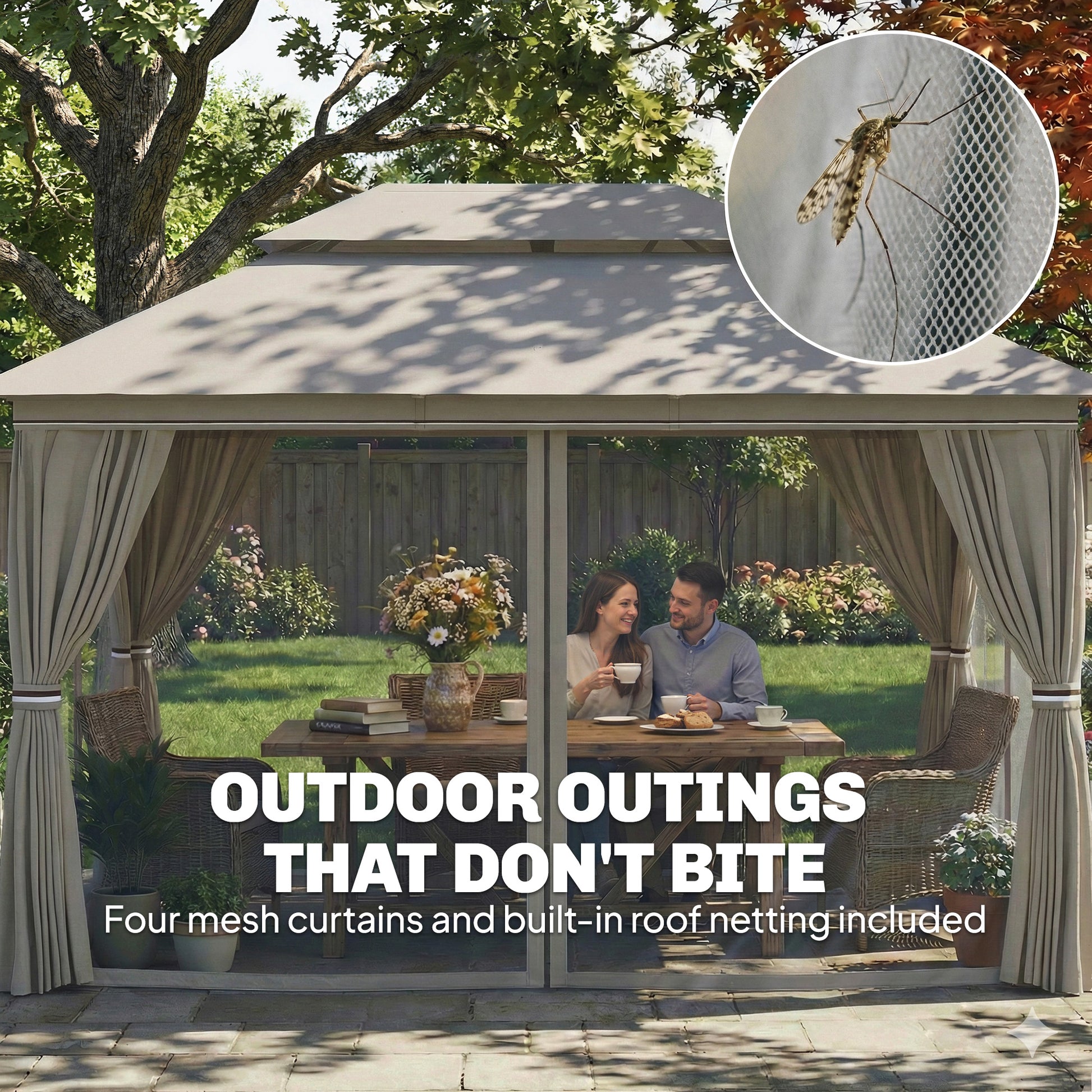 Outsunny 3 x 4 m Outdoor Garden Gazebo with Netting and Curtains, UPF50+ Patio Gazebo Permanent Pavilion Canopy, Beige