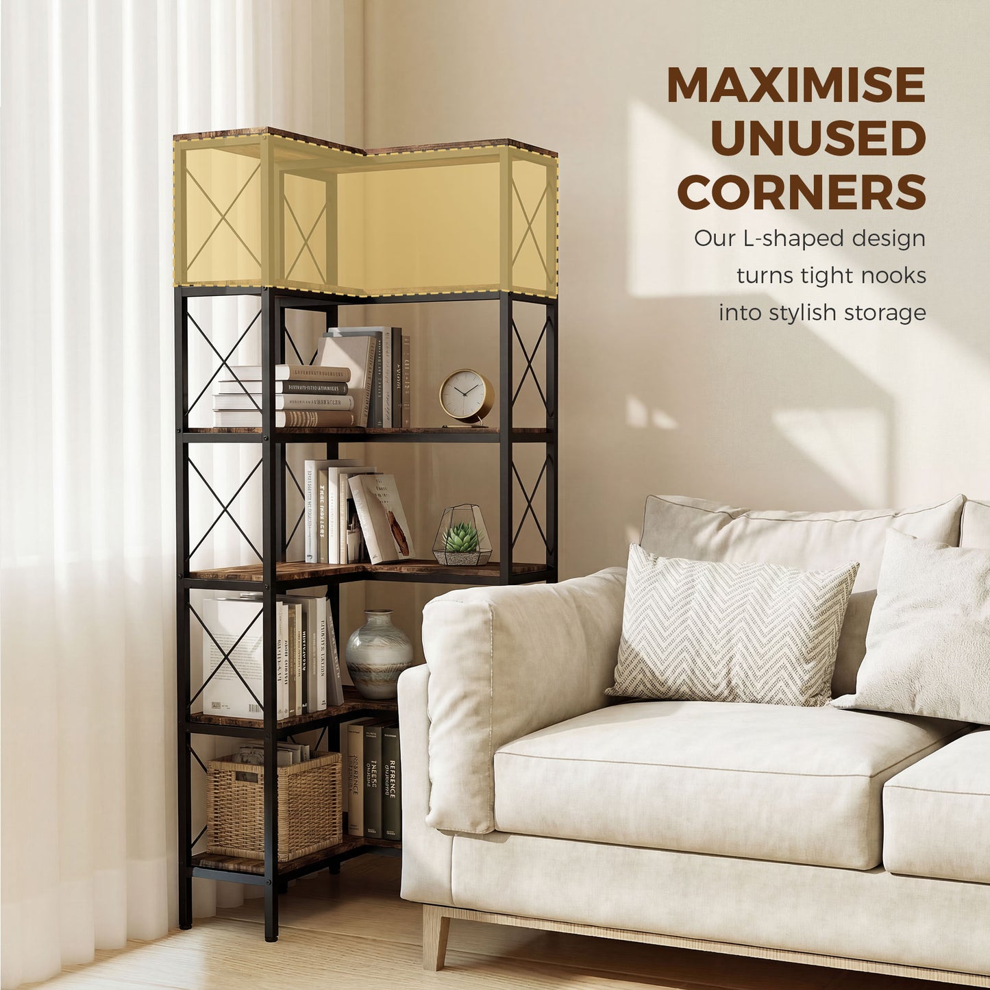 HOMCOM 5-Tier L-Shaped Bookshelf, Freestanding Corner Bookcase with Metal Frame, Rustic Brown