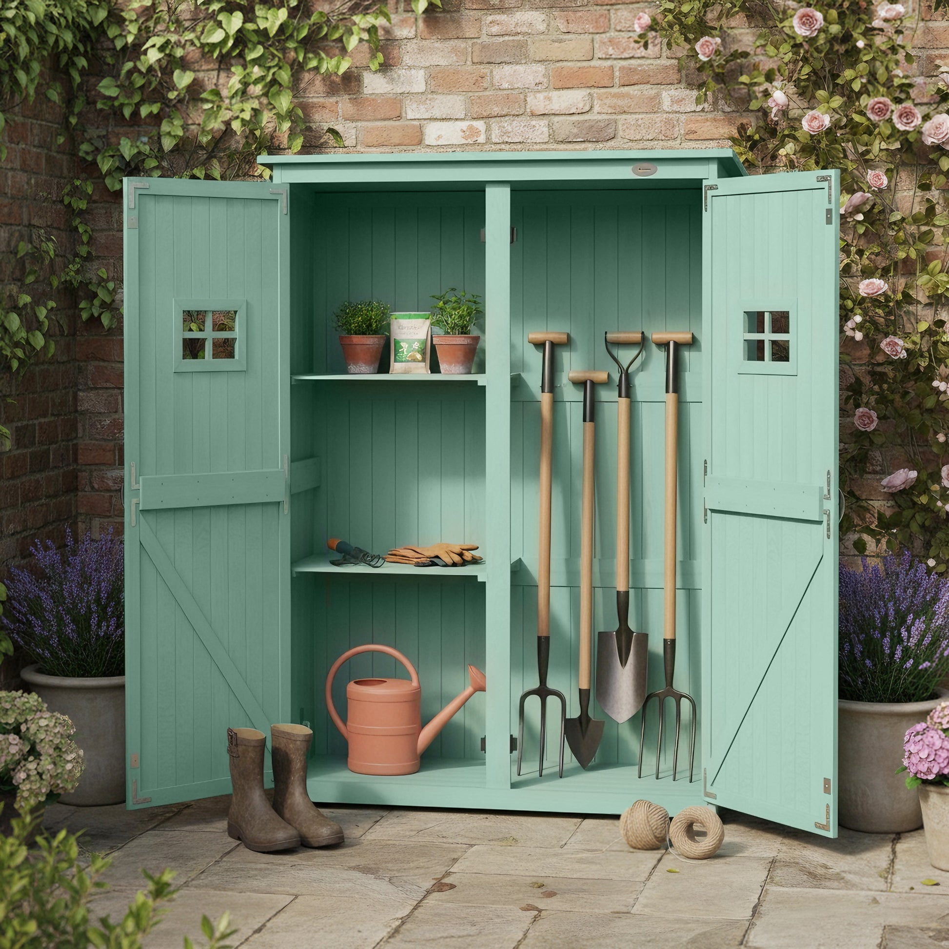 Outsunny Wooden Garden Shed with Two Windows, Tool Storage Cabinet, Outdoor Double Door organiser 127.5L x 50W x 164H cm, Green