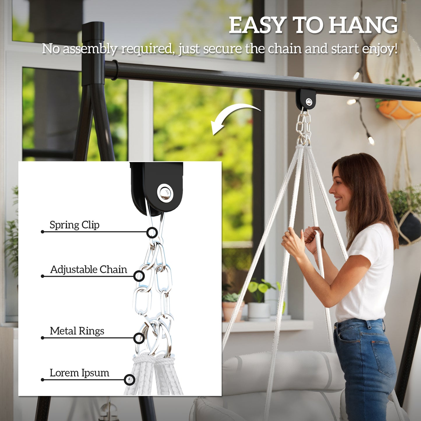 Outsunny Hanging Chair Outdoor Hammock Chair with Soft Cushion, Cotton Rope Boho Style Swing Chair, Hanging Garden Swing Seat for Indoor Outdoor, Cream White