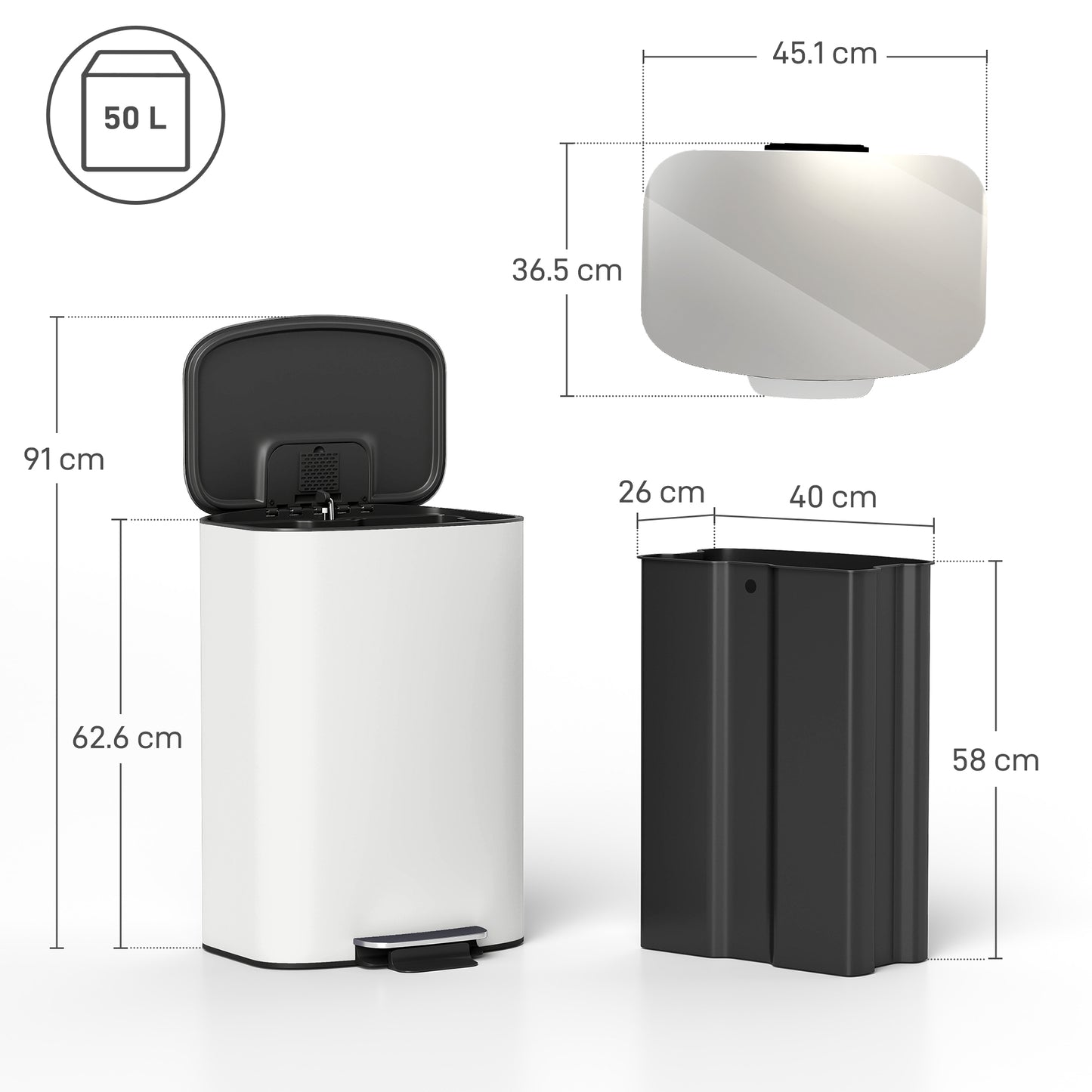 HOMCOM 50L Kitchen Bin with Soft-Close Lid and Stay-Open Function, Stainless Steel Pedal Bin with Removable Inner Bucket, Carry Handle for Kitchen, Office, Home, Cream