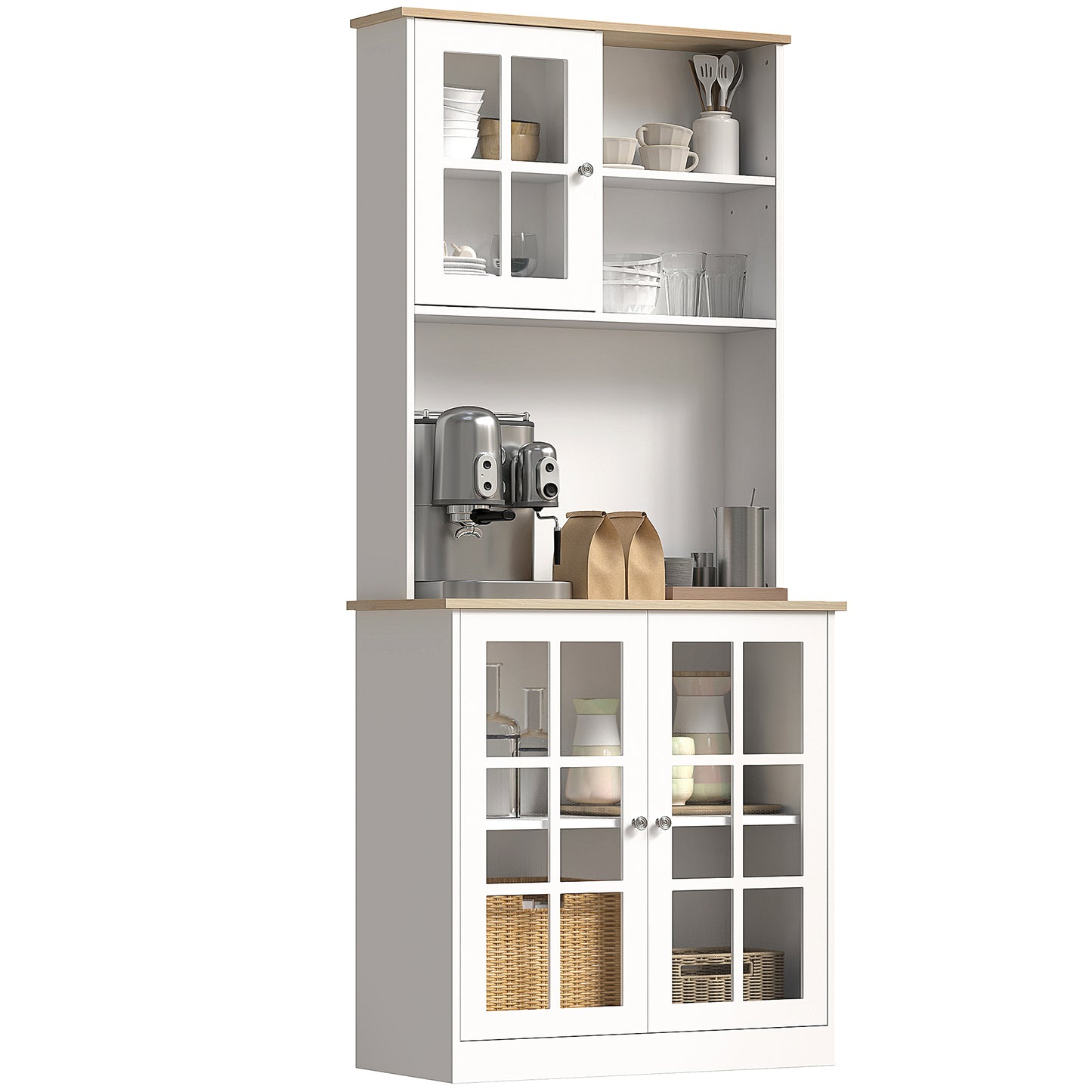 HOMCOM Freestanding Kitchen Cupboard, Tall Storage Cabinet with Doors and Adjustable Shelves, Counter Top, Grid Glass Doors, 80L x 37W x 183H cm - White Default Title