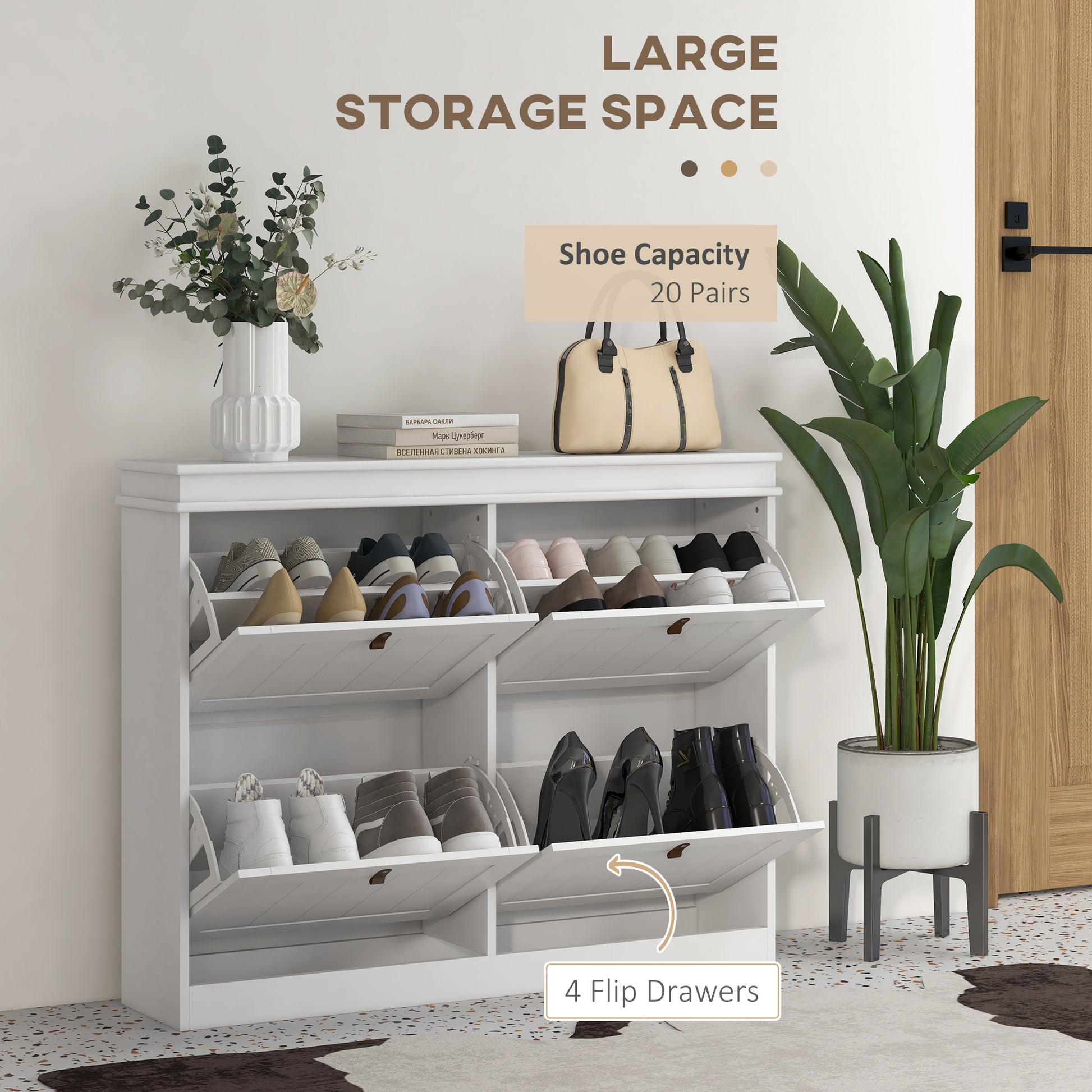 HOMCOM Slim Shoe Cabinet, Shoe Cabinet with 4 Drop-Down Drawers, 105W x 24D x 82.5H cm, White