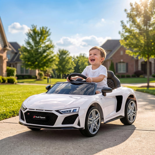 AIYAPLAY Licensed Audi R8 Spyder 12V Electric Car for Kids with Remote Control, Dual Motors, Rear Suspension, Soft Start, White