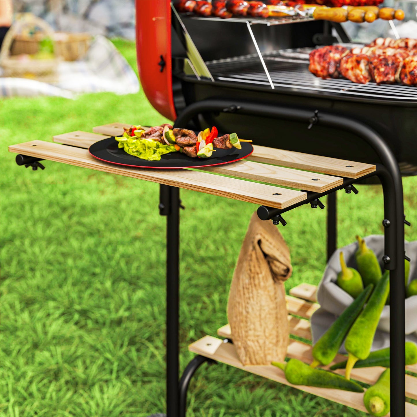 Outsunny Charcoal Barbecue Grill Portable BBQ Grill with 1840 cmÂ² Cooking Area, 3 Shelves, Adjustable Vent, Lockable Lid, Wheels for Outdoor Cooking, Garden Party, Red