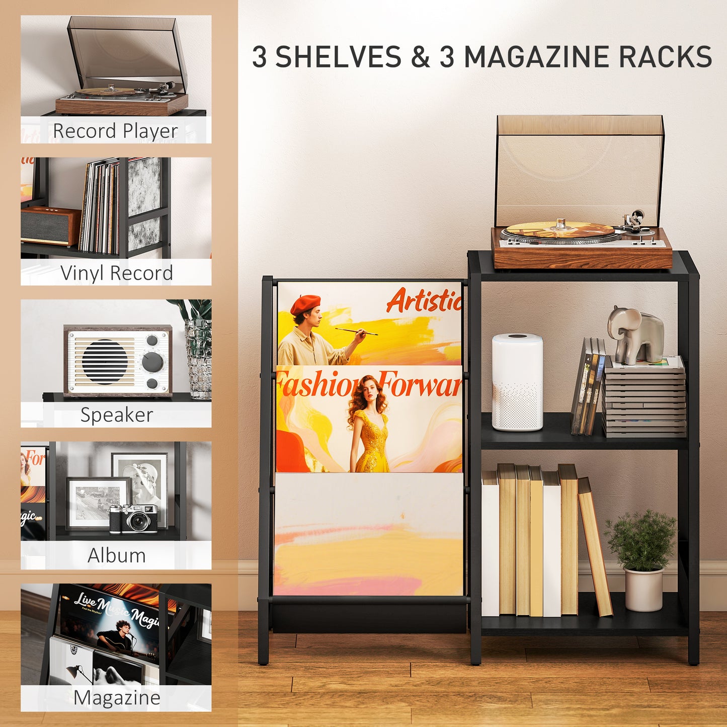 HOMCOM 3-Tier Record Player Stand, End Table for Living Room, Bedroom - Black Wood Effect