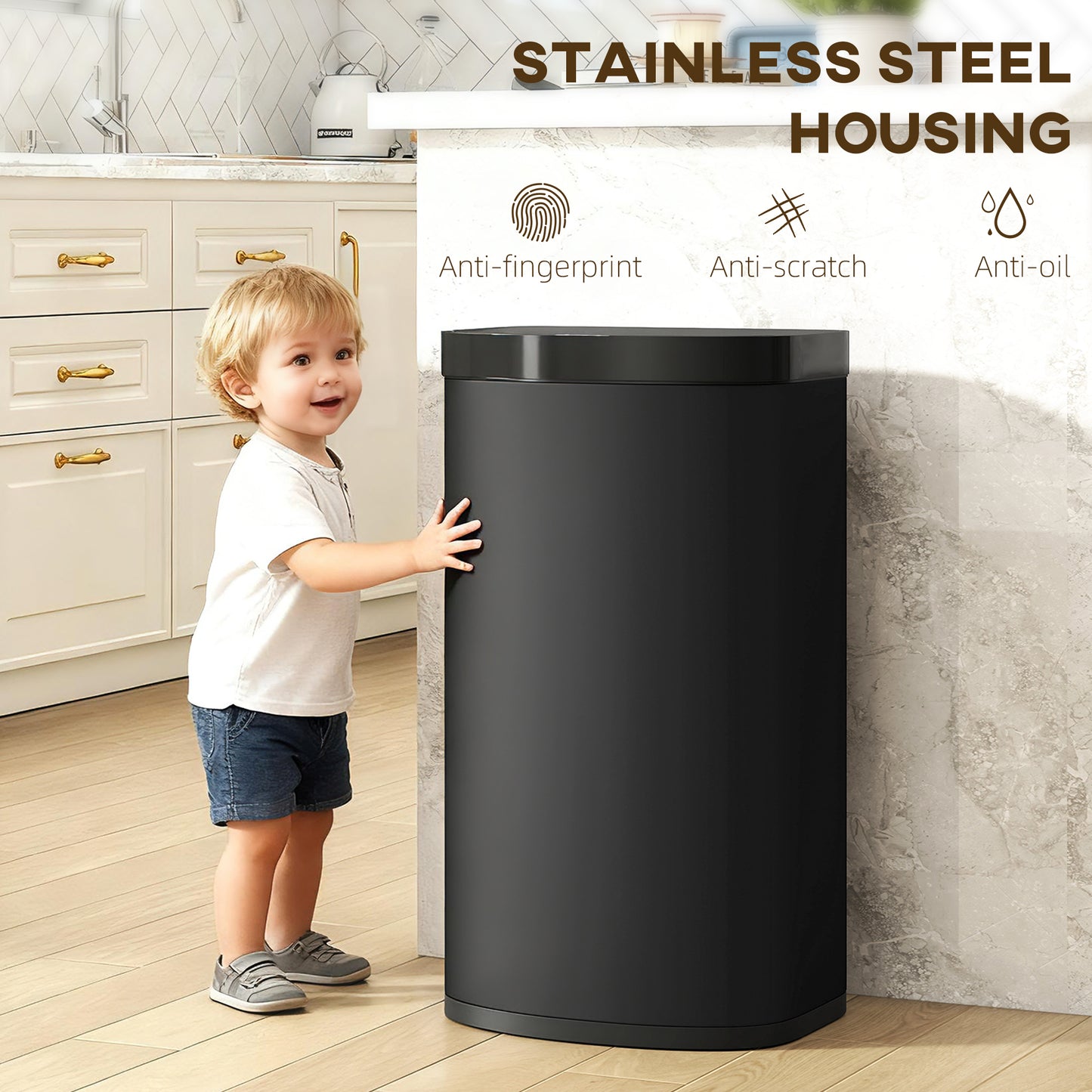 HOMCOM 55L Sensor Bin with Soft-Close Lid, Automatic Touchless Motion Sensor Kitchen Bin with Fingerprint Resistant Stainless Steel for Hygienic Gyms, Home Office Use, Black