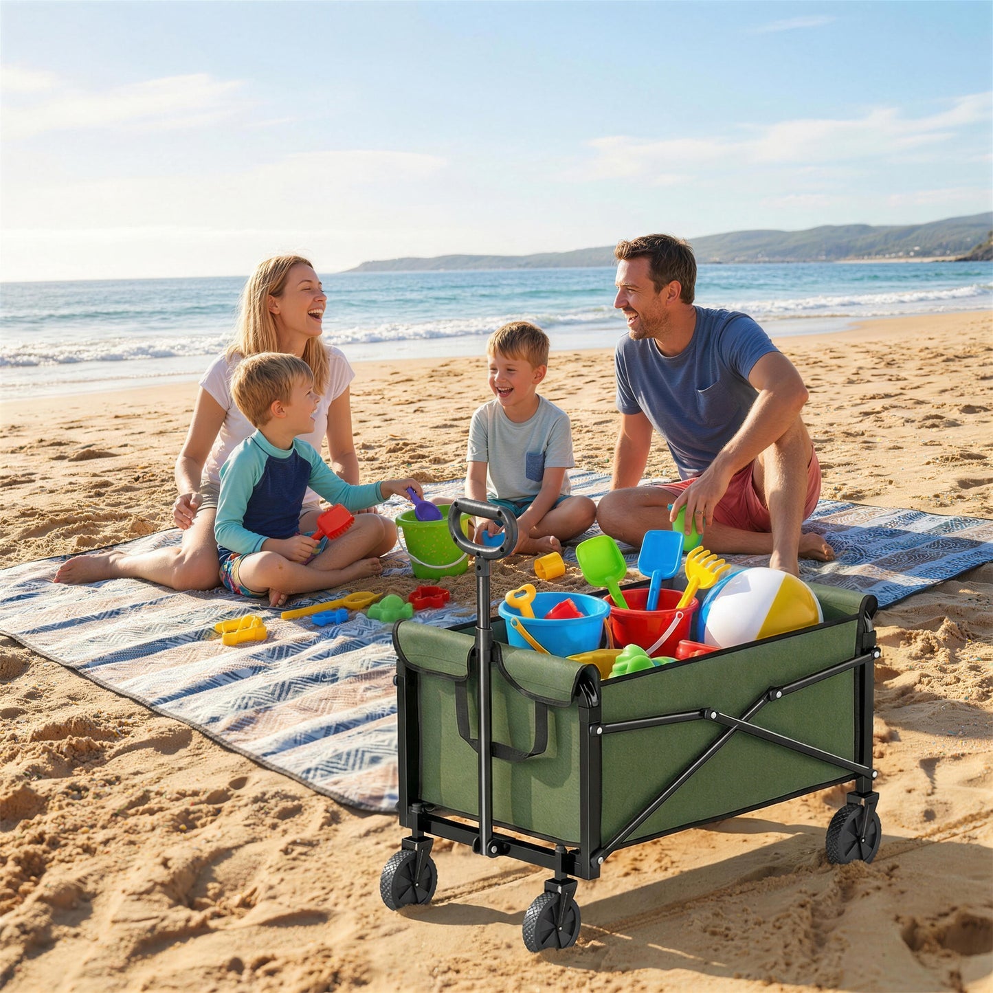 Outsunny 81L Festival Trolley on Wheels, Compact Garden Folding Trolley Cart with Adjustable Handle 80L Green