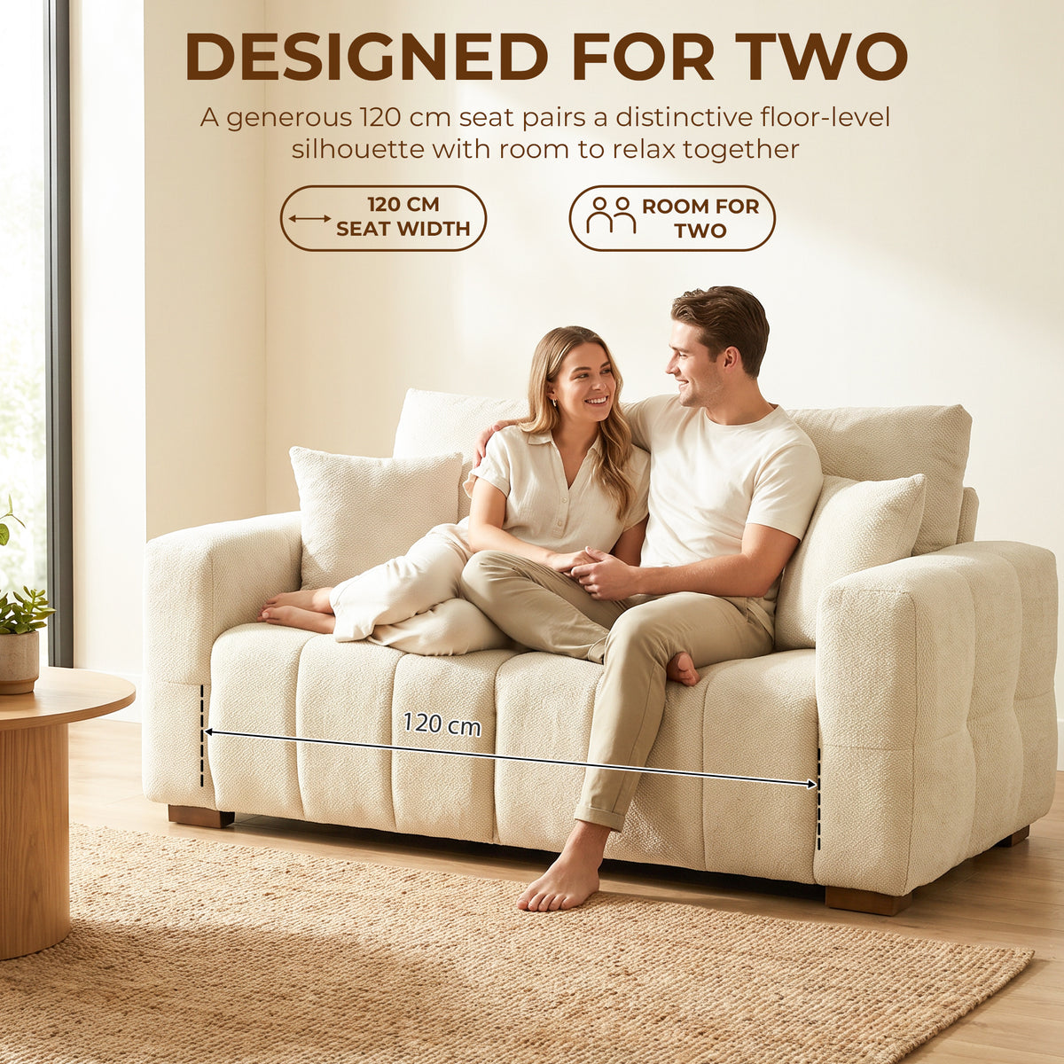 HOMCOM 2 Seater Sofa, Upholstered Velvet Small Couch for Bedroom with Pillows, Modern Sofa Settee with Padded Cushion and Wood Legs for Living Room, Cream White