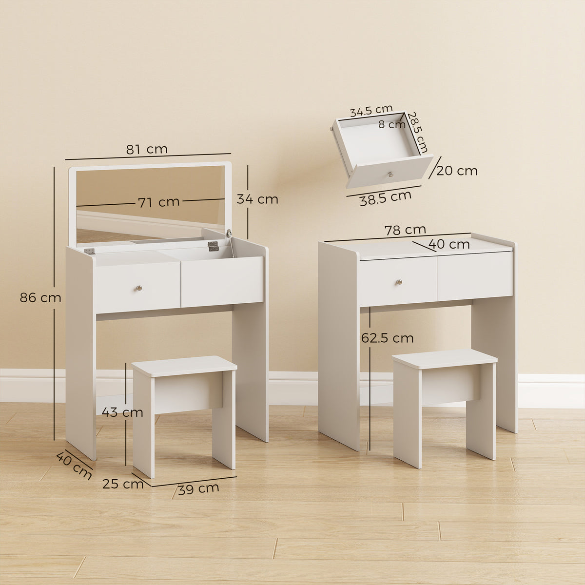 HOMCOM Vanity Desk with Mirror Dressing Table Drawer Set 6 Compartments Storage Stool White
