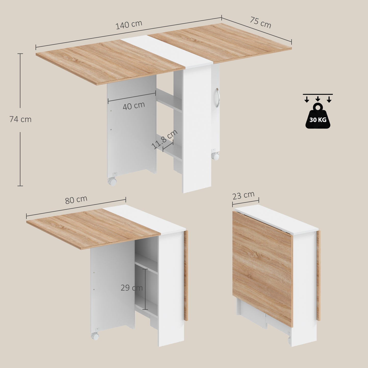 HOMCOM Folding Dining Table, Drop Leaf Table with 2-Tier Shelves, Rolling Casters, White and Natural