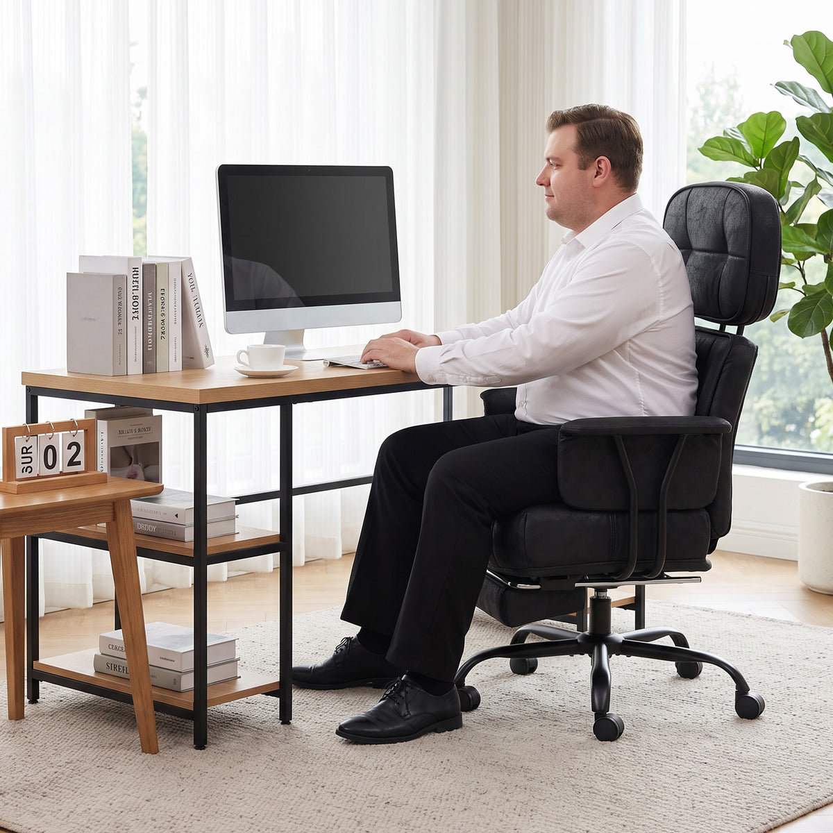 HOMCOM Office Chair, Big and Tall Desk Chair with Footrest, Wide Seat, Leathaire, Reclining Back, Swivel Wheels, Black