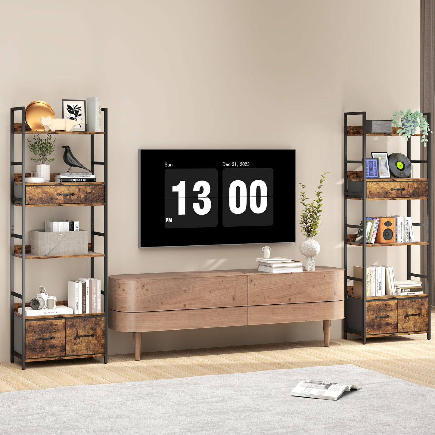 HOMCOM Industrial Style Bookcase, with 4 Shelves and 3 Fabric Drawers - Brown/Black