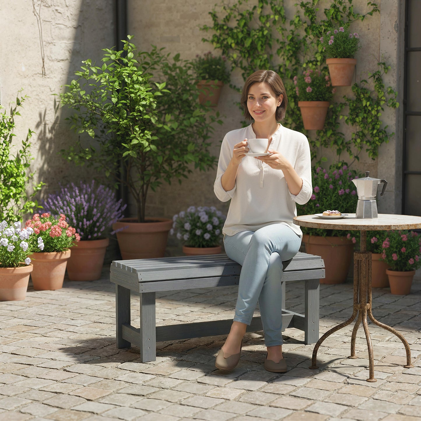 Outsunny Wooden Outdoor Bench, 2 Seater Garden Bench, Backless Patio Bench with Slatted Curved Seat, Grey Embossed Finish