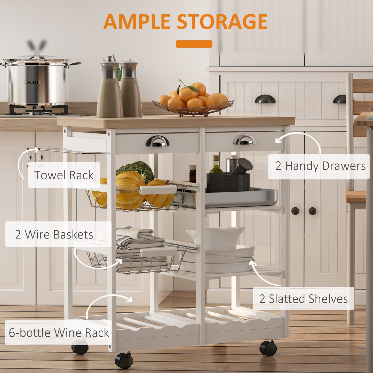 HOMCOM Rolling Kitchen Island Trolley Cart Drawer Shelves Basket Wheels W/  6 Bottle Wine Rack White