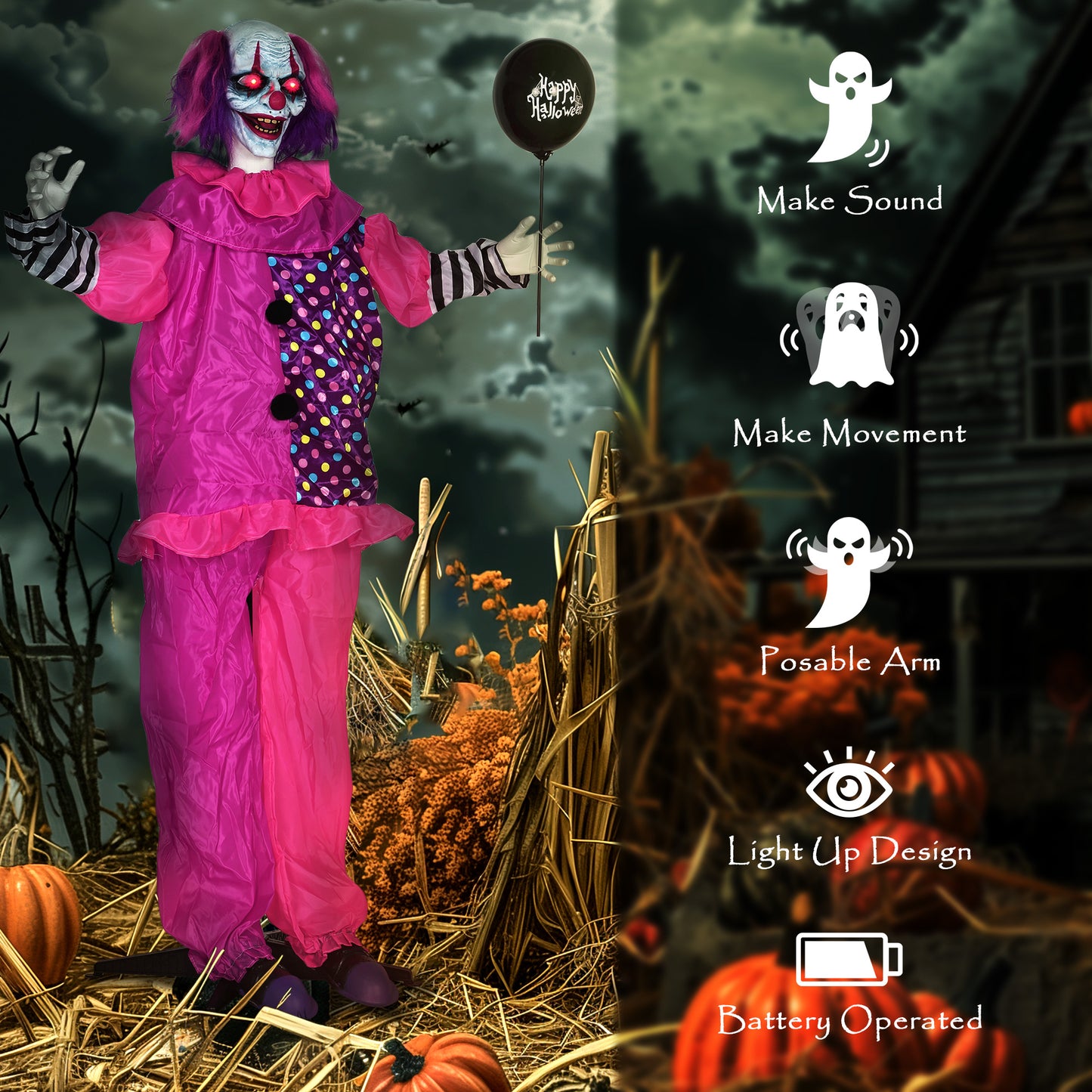 Outsunny 5â€²7â€³ Scary Animated Clown Decoration - Pink/Purple