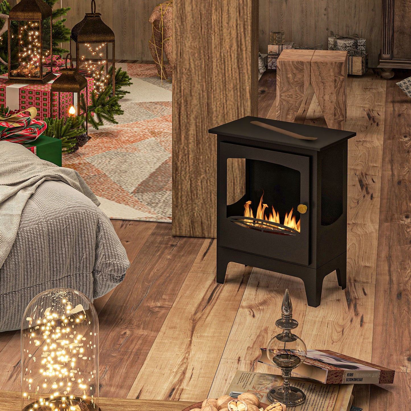 HOMCOM Freestanding Ethanol Fireplace, Steel Bioethanol Fireplace with Stainless Steel Flame Snuffer, 1.2L Tank, 3 Hours Burning Time for Indoor, Black