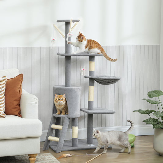 PawHut Multi-Level Cat Tower, 134cm Cat Tree with Condo and Sisal Scratching Posts for Indoor Kittens, Grey