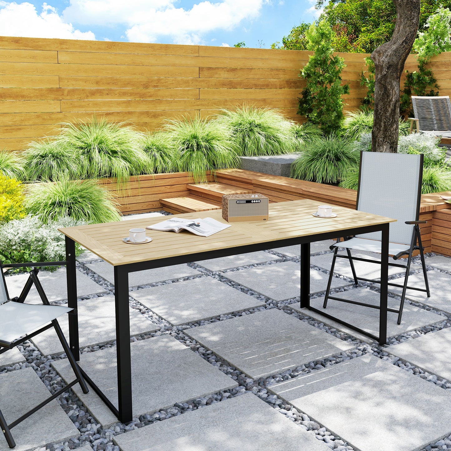 Outsunny Garden Table for 6 People, 175 x 78 x 75 cm Rectangle Outdoor Dining Table with Slatted Top, Metal Frame, for Balcony, Deck, Teak