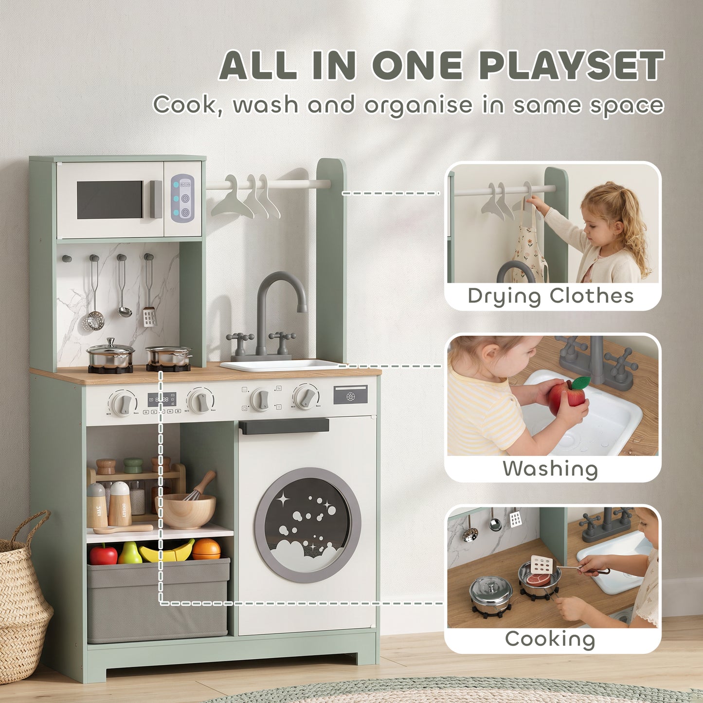 AIYAPLAY Kids Play Kitchen, Pretend Play Toy Kitchen Playset with Stove, Sink, Microwave, 5Pcs Accessories for 3-6 Years, Green
