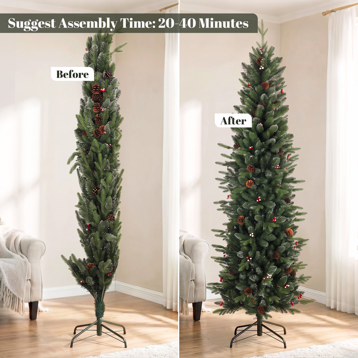 HOMCOM Slim Gracious Pine Xmas Tree, 7ft/210cm Artificial Christmas Tree with 904 Branch Tips, Foldable Steel Stand, Green