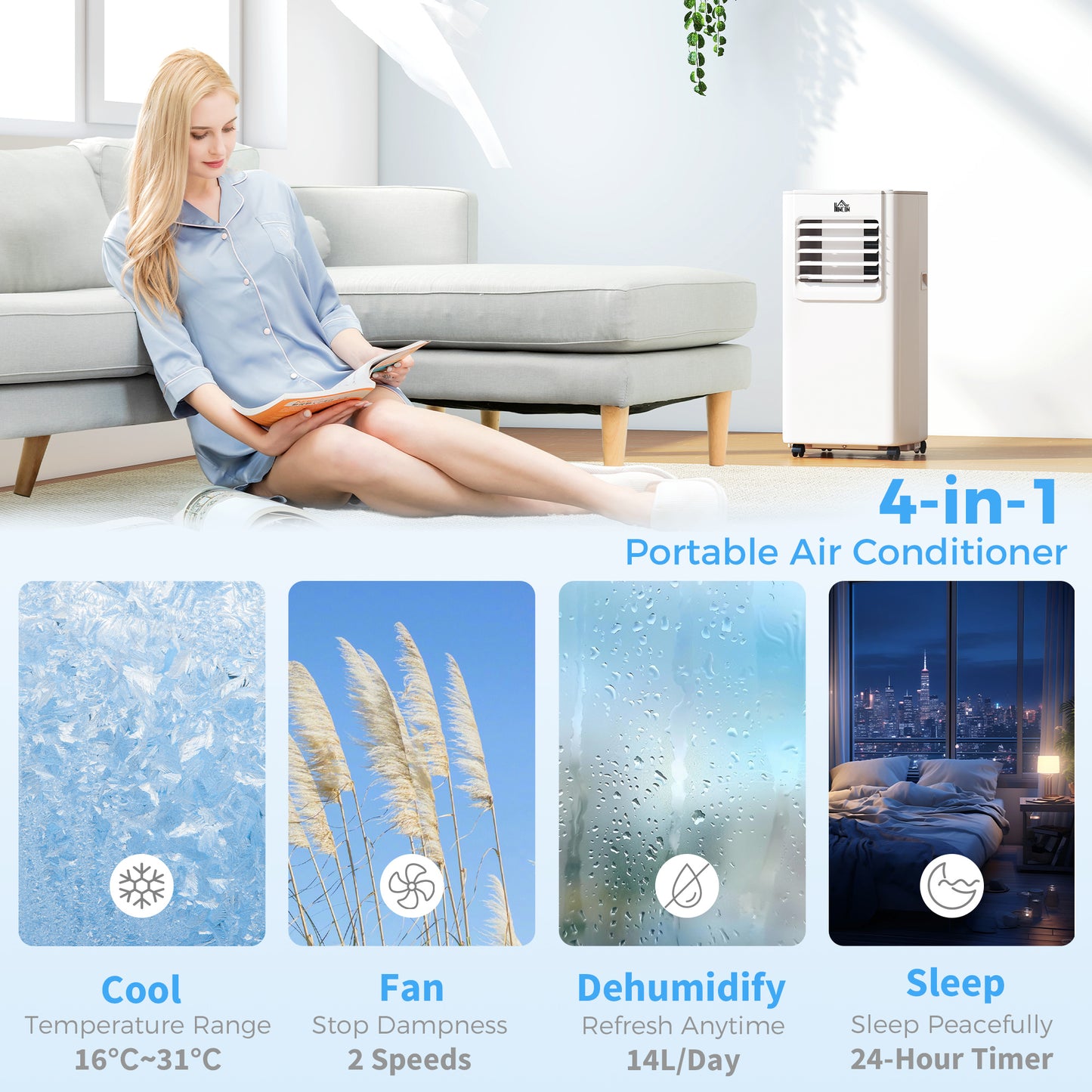 HOMCOM 5000 BTU Portable Air Conditioner, 4-in-1 Air Conditioning Unit, Dehumidifier, Cooling, Fan, Sleep Mode, with Remote Control, 2 Speeds, 24H Timer, Window Venting Kit, 12mÂ²