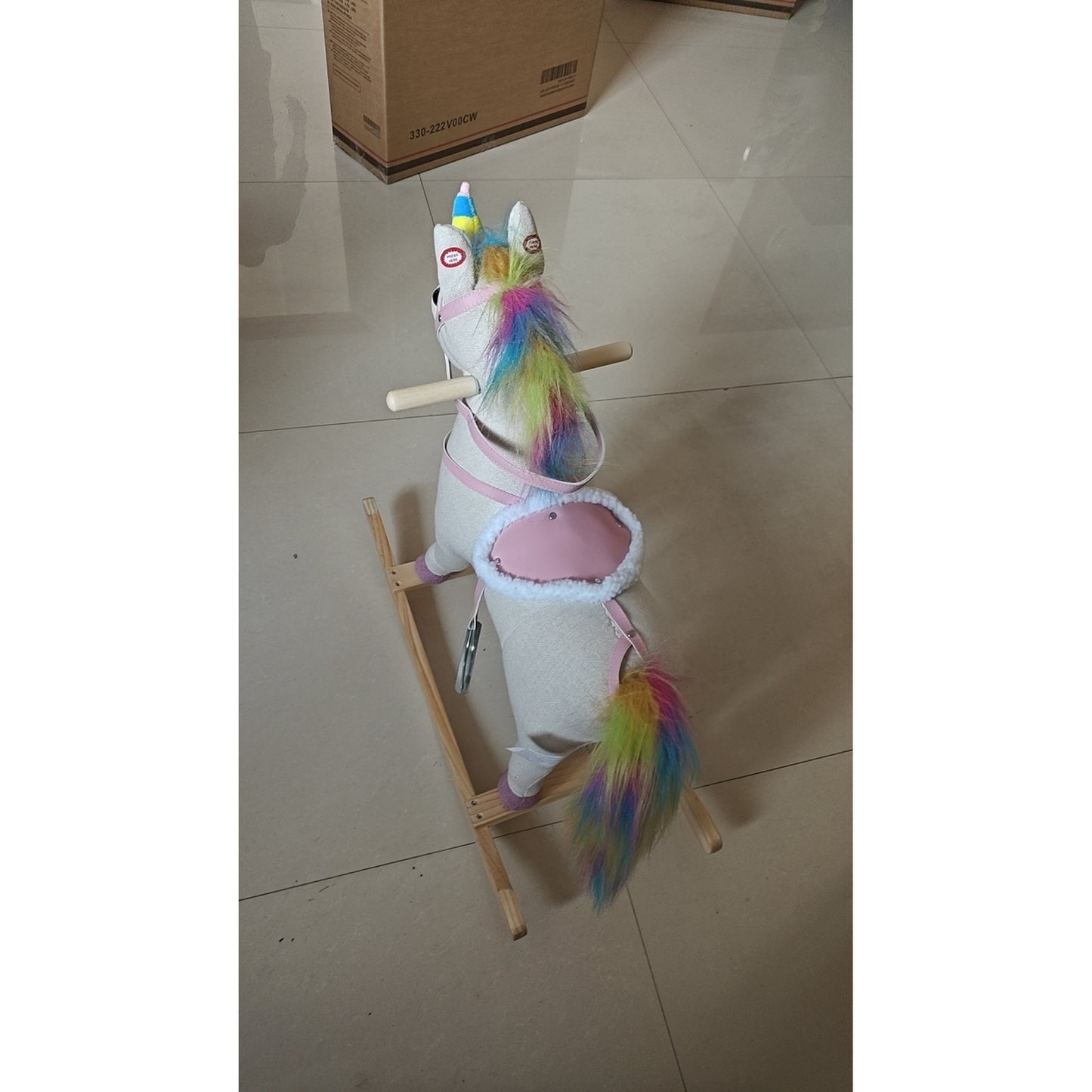 AIYAPLAY Rocking Horse, Unicorn Ride on Horse with Sounds and Stable Wooden Base for 1-3 Years, Cream White