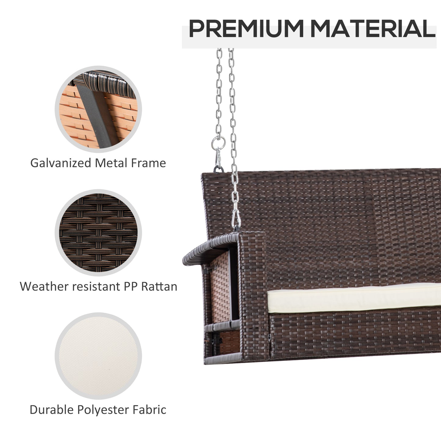 Outsunny 2 Seater Rattan Garden Swing Chair, Porch Swing Bench Loveseat with Cushion, Wicker Outdoor Hanging Swinging Seat with 2 Metal Chains, 250 KG Capacity for Patio, Balcony, Cream White