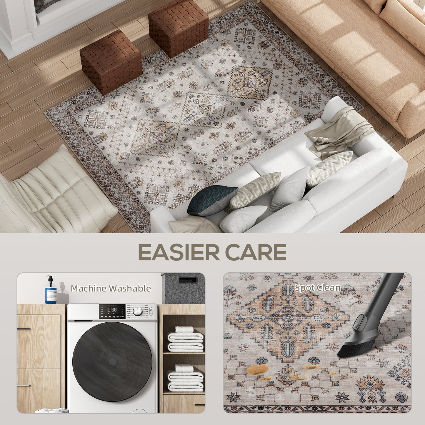 HOMCOM Vintage Area Rug, Non-Slip Washable Rug, Flannel Floor Carpet for Living Room, Bedroom, Dining Room, Home Office, 230 x 160 cm, Beige