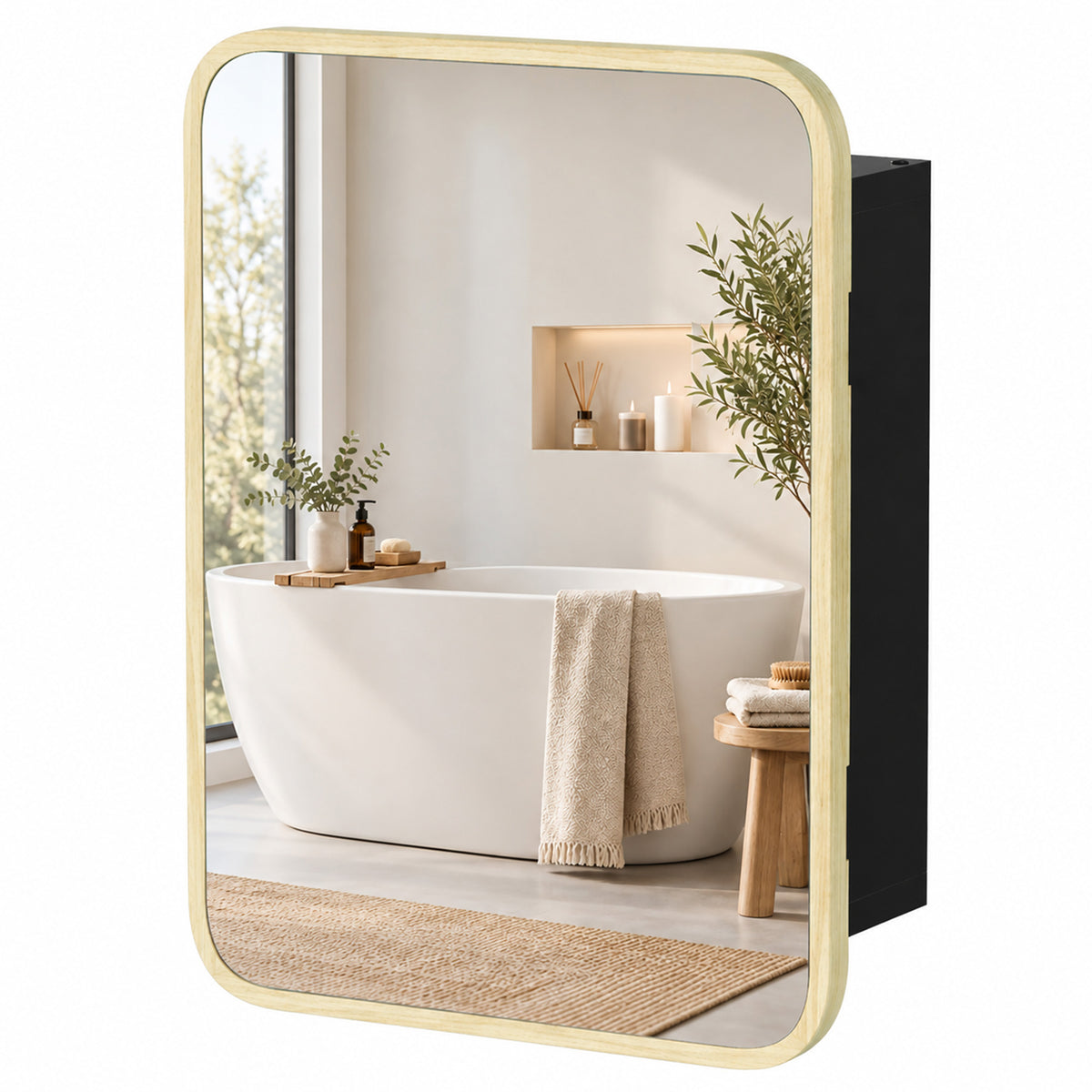 HOMCOM Bathroom Medicine Mirror Cabinet, Bathroom Wall Cabinet w/ Storage, Magnetic Door, Adjustable Shelf, Natural Wood Finish Default Title