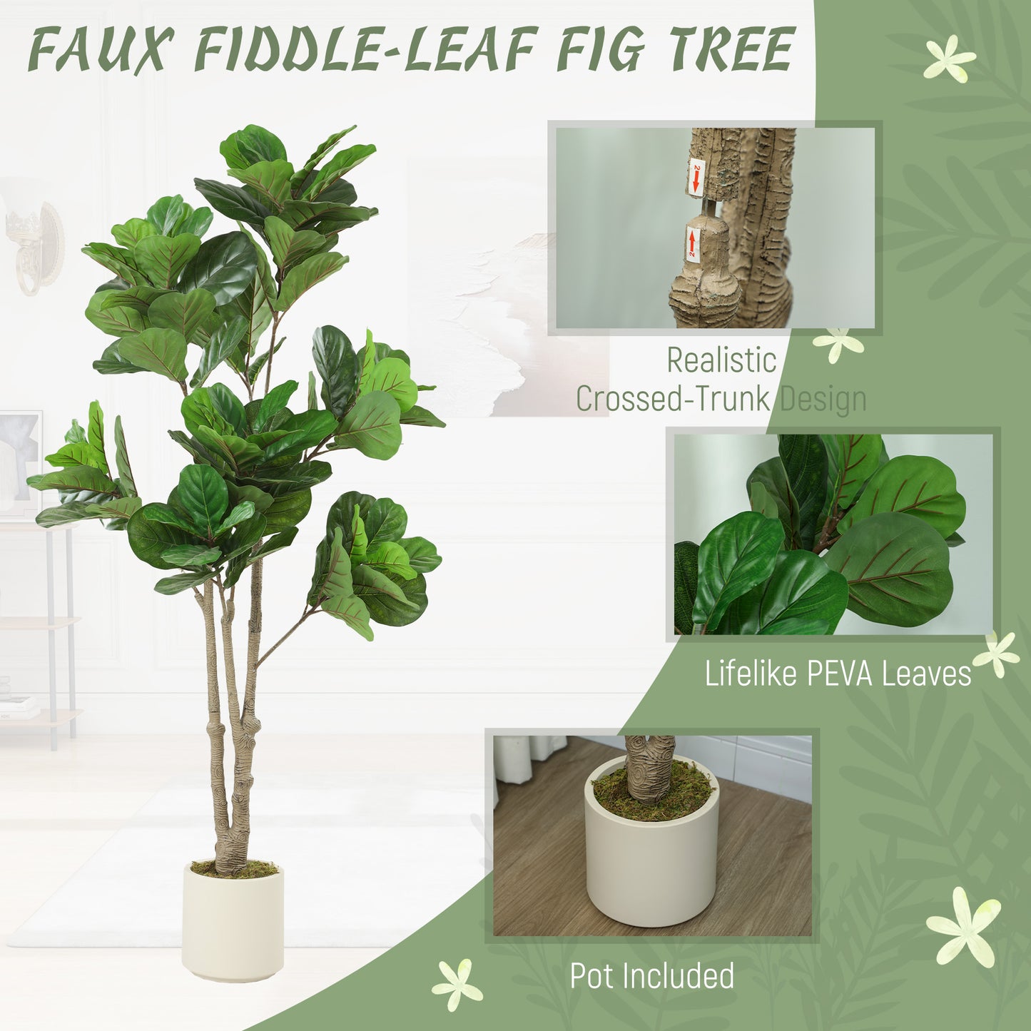 HOMCOM 180cm Artificial Fiddle Leaf Fig Tree - Green