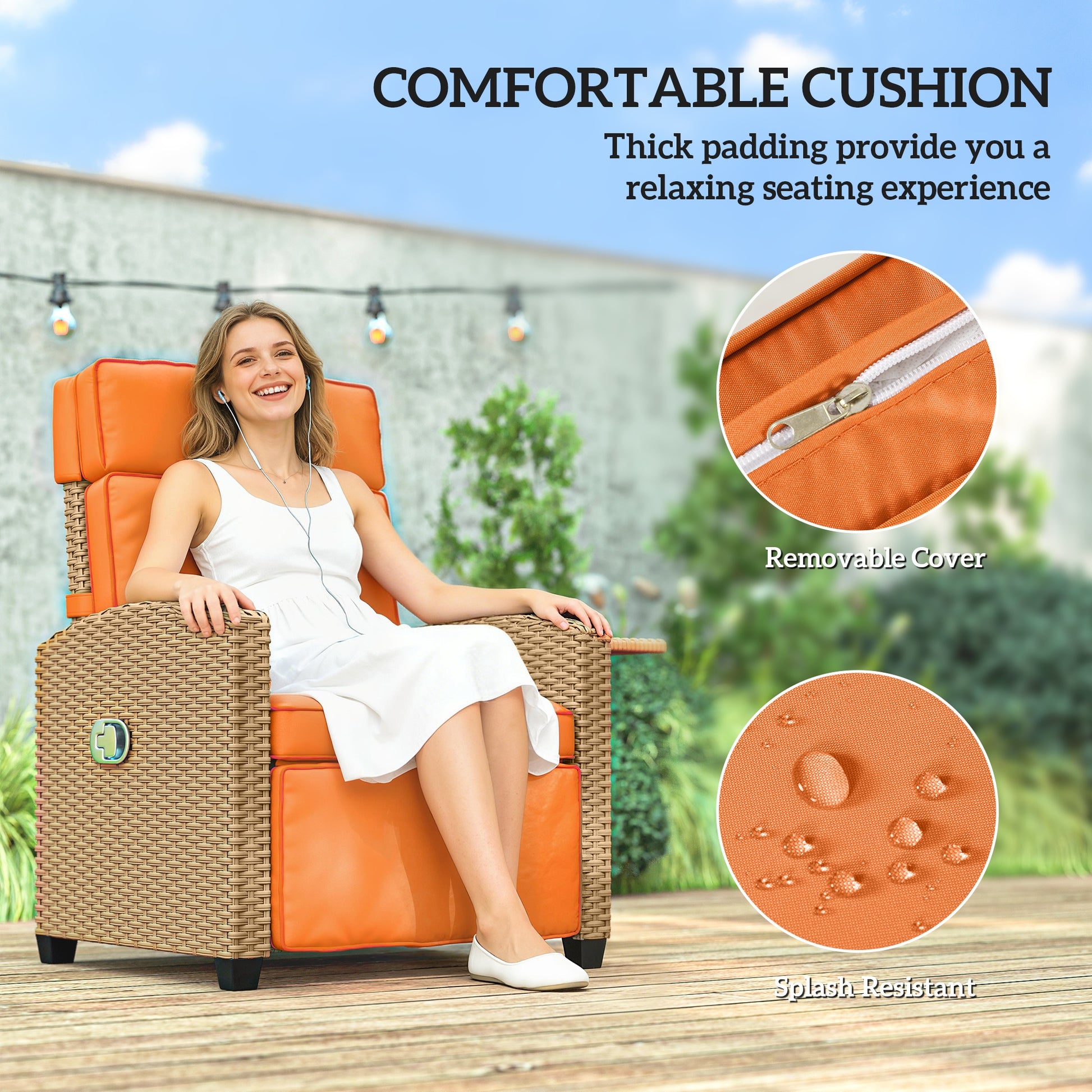 Outsunny 145Â° Reclining Rattan Armchair, with Footrest - Khaki/Orange