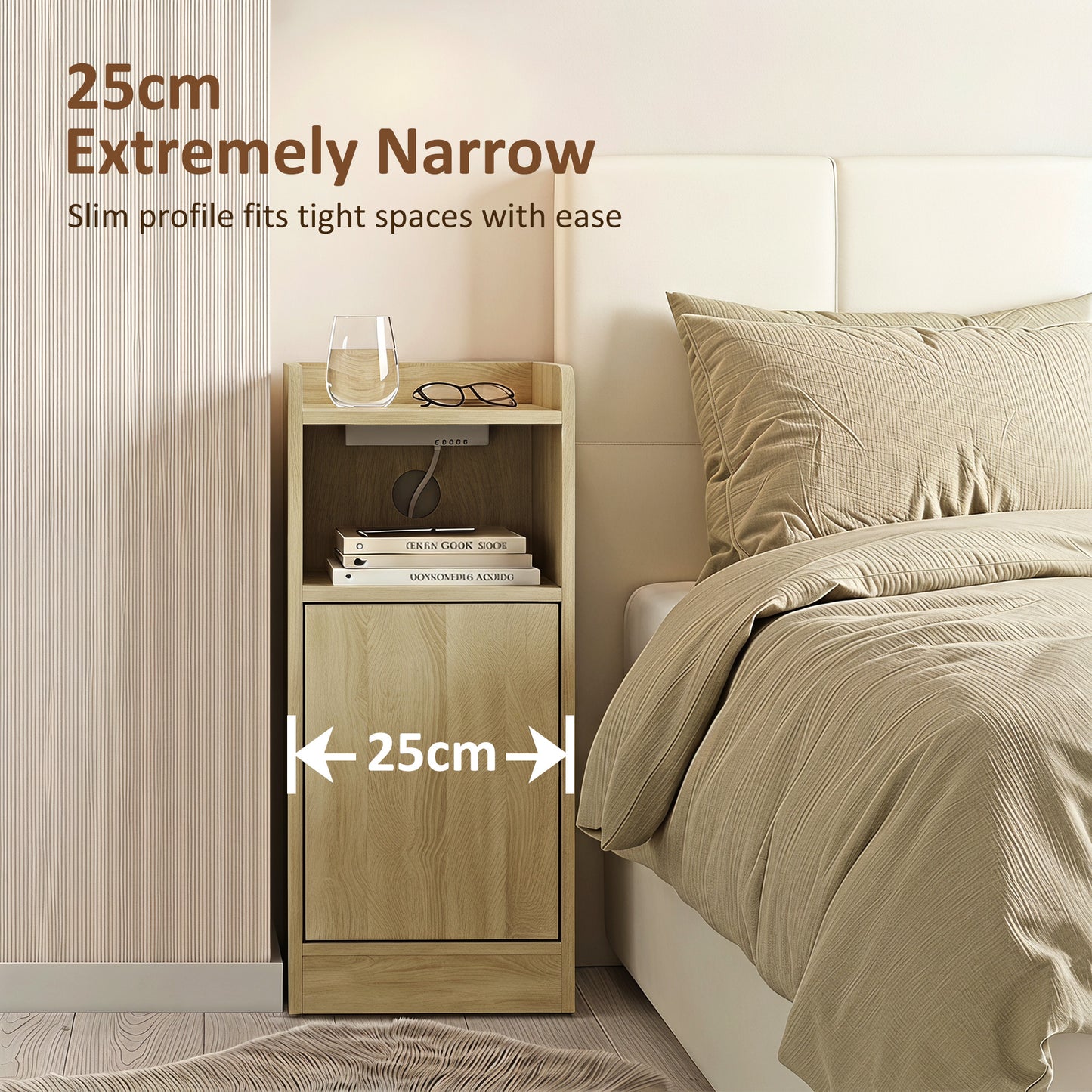 HOMCOM Slim Bedside Table Set of 2 with Charging Station, Narrow Bedside Cabinet with Adjustable Shelf, Oak