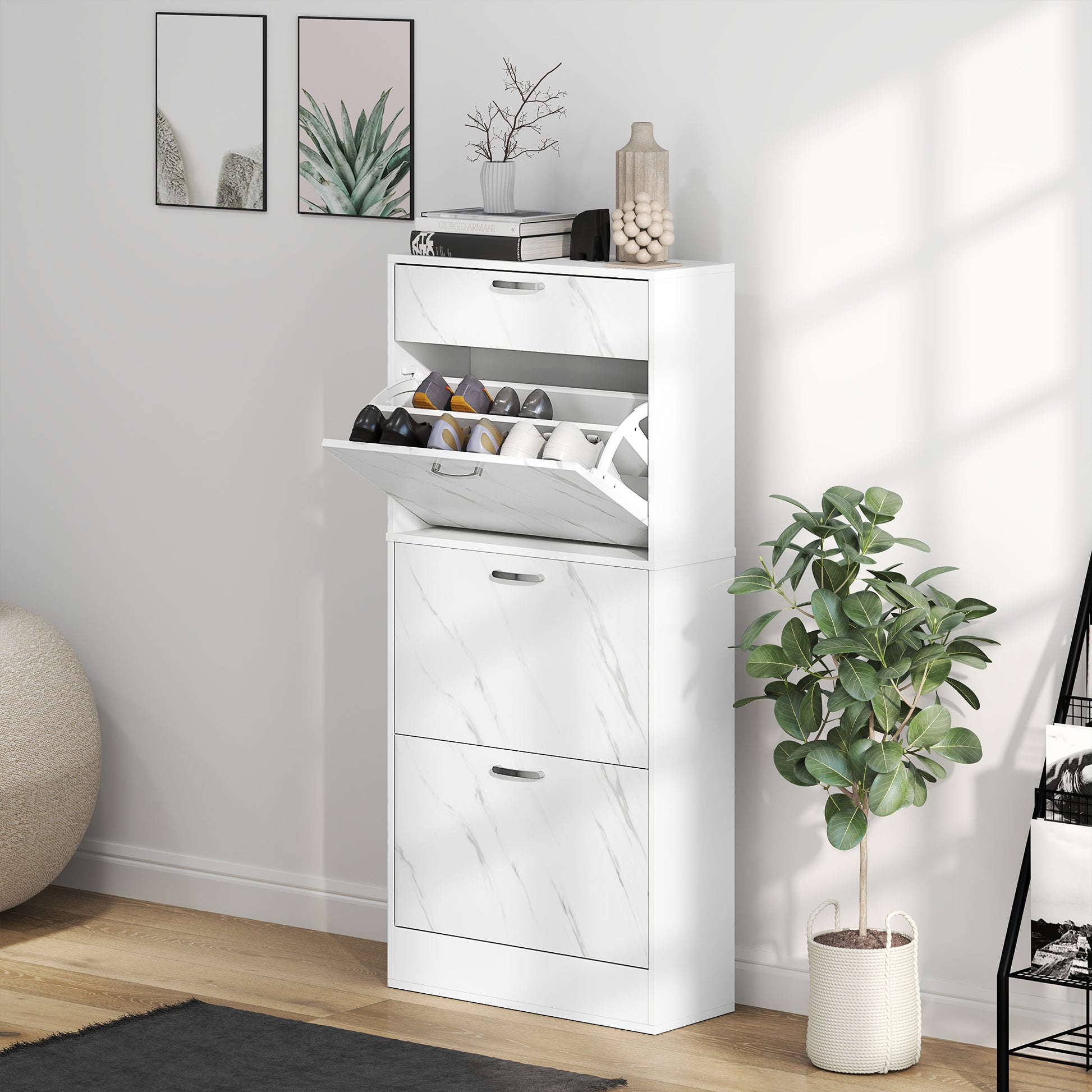 <ul style="list-style:disc;margin-left:15px;"><li>Multi-storage: The shoe storage cabinet features a slide-out drawer and 3 tipping drawers - plenty of storage for keeping the home and office tidy.</li><li>Holds 18 shoe pairs: Each drawer can hold six pairs of shoes and adjustable shelf in both for room more catered to you.</li><li>Robust: Our slim shoe storage cabinet features a particle board frame with marble panels and an aluminium handle. It is solid and suitable for everyday use. Anti-tipping straps f