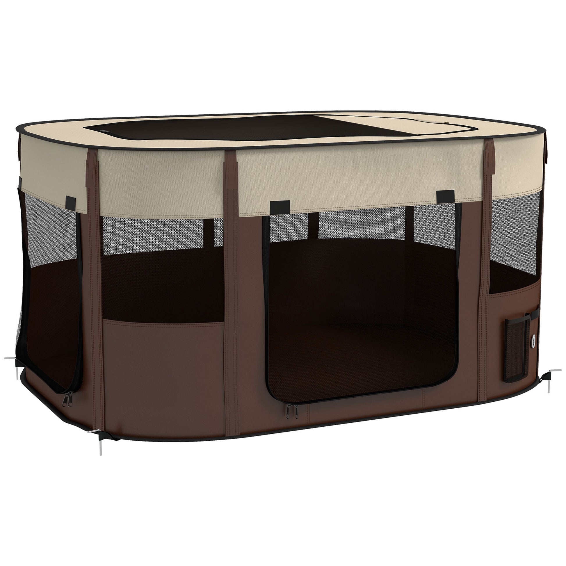PawHut Foldable Dog Pen with Storage Bag for Indoor/Outdoor Use, Portable Pet playpen, with Ground Stakes - Brown