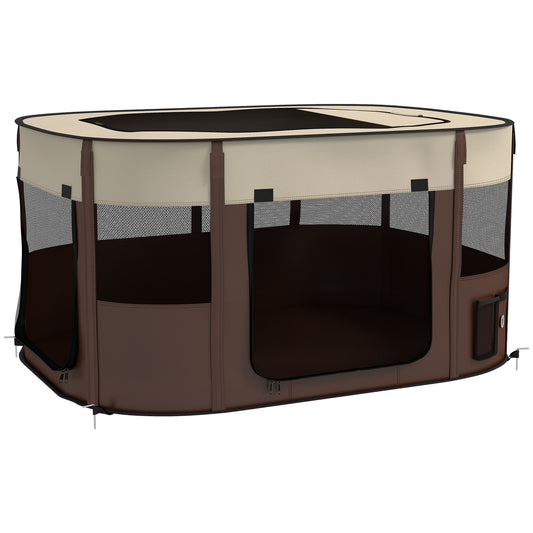 PawHut Foldable Dog Pen with Storage Bag for Indoor/Outdoor Use, Portable Pet playpen, with Ground Stakes - Brown