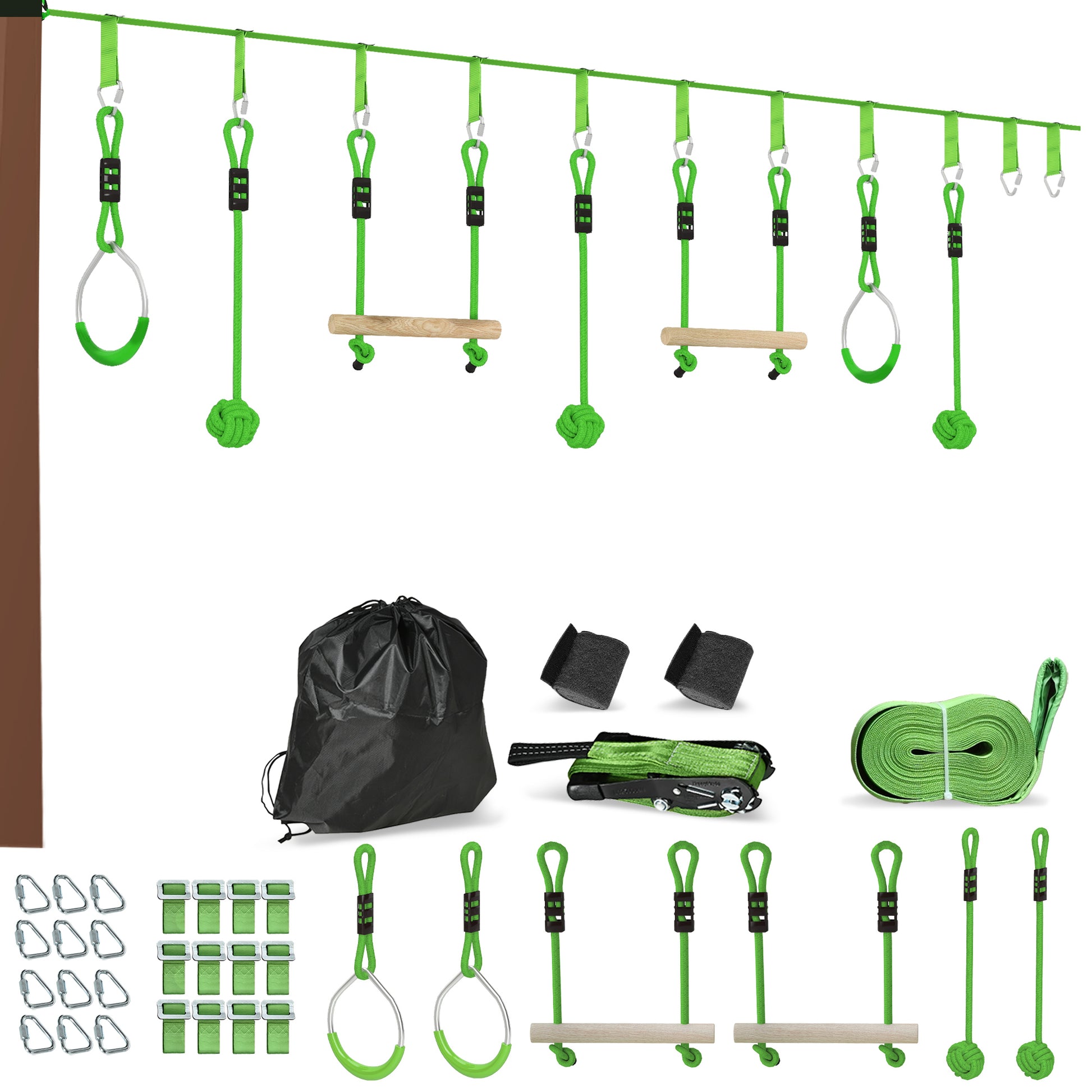 AIYAPLAY 7-Piece Kids Zip Line Kit for Garden, 10m Kids Slackline Kit with Wooden Monkey Bars, Metal Rings, Gripping Balls, Green