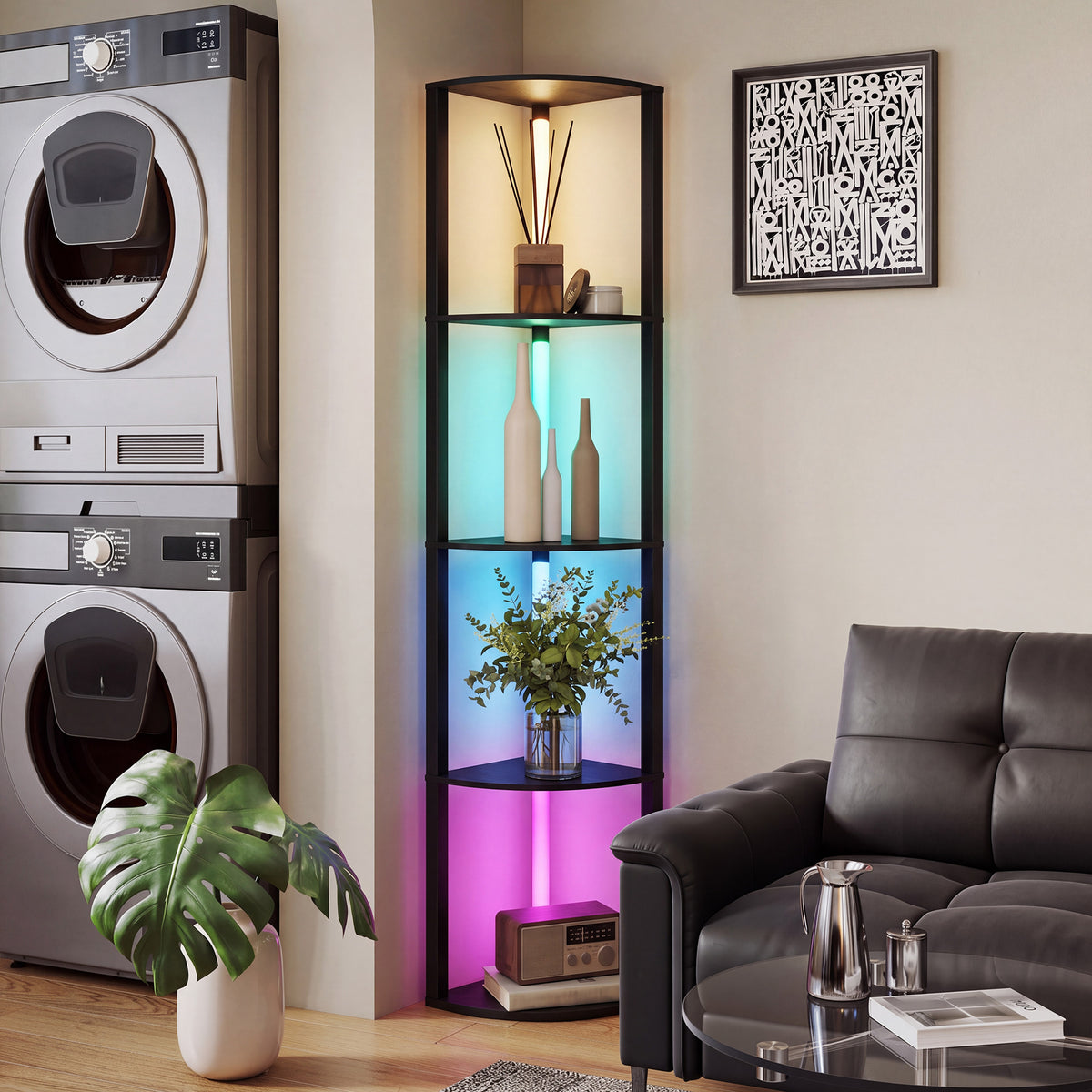 HOMCOM RGB LED Floor Lamp with Shelves, 4-Tier Dimmable Standing Lamp with Adjustable Brightness and Remote Control, Black
