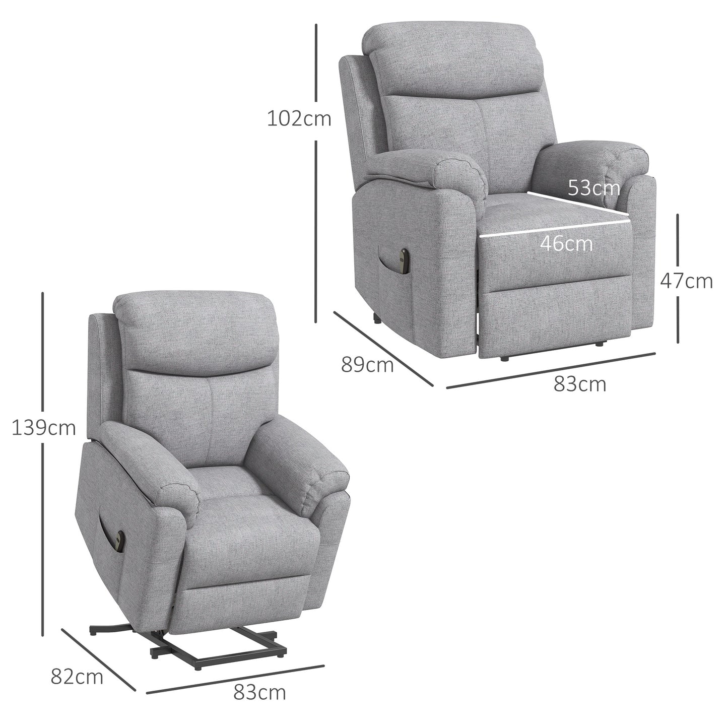 HOMCOM Power Lift Recliner Chair, Electric Lift Chair for Elderly, Overstuffed Linen Fabric Riser and Reclining Armchair with Remote Control, Side Pockets, for Living Room, Grey