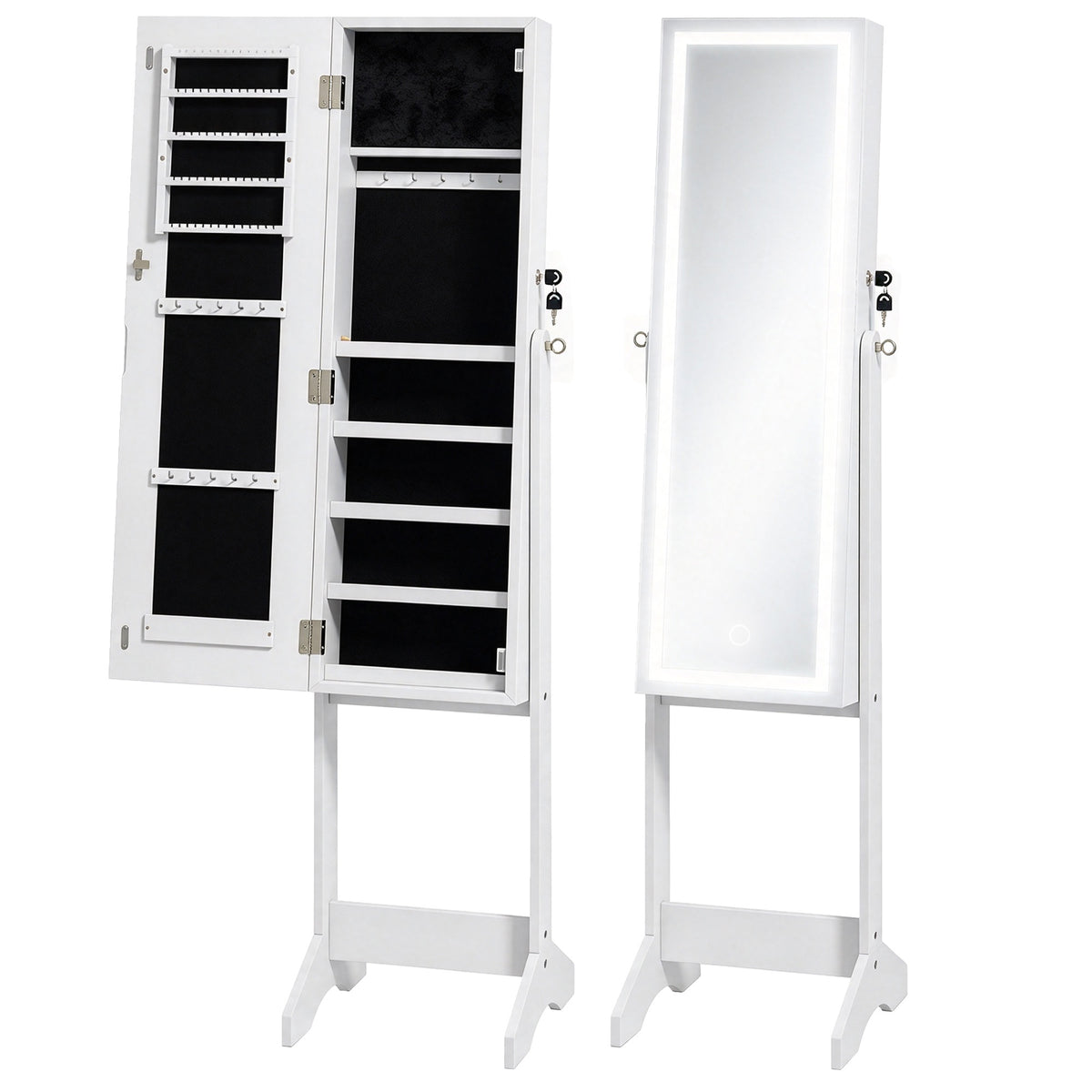 HOMCOM Mirror Jewelry Cabinet with LED Light, Freestanding Lockable Full Length Mirror with Storage, 3 Angles Adjustable, White Default Title